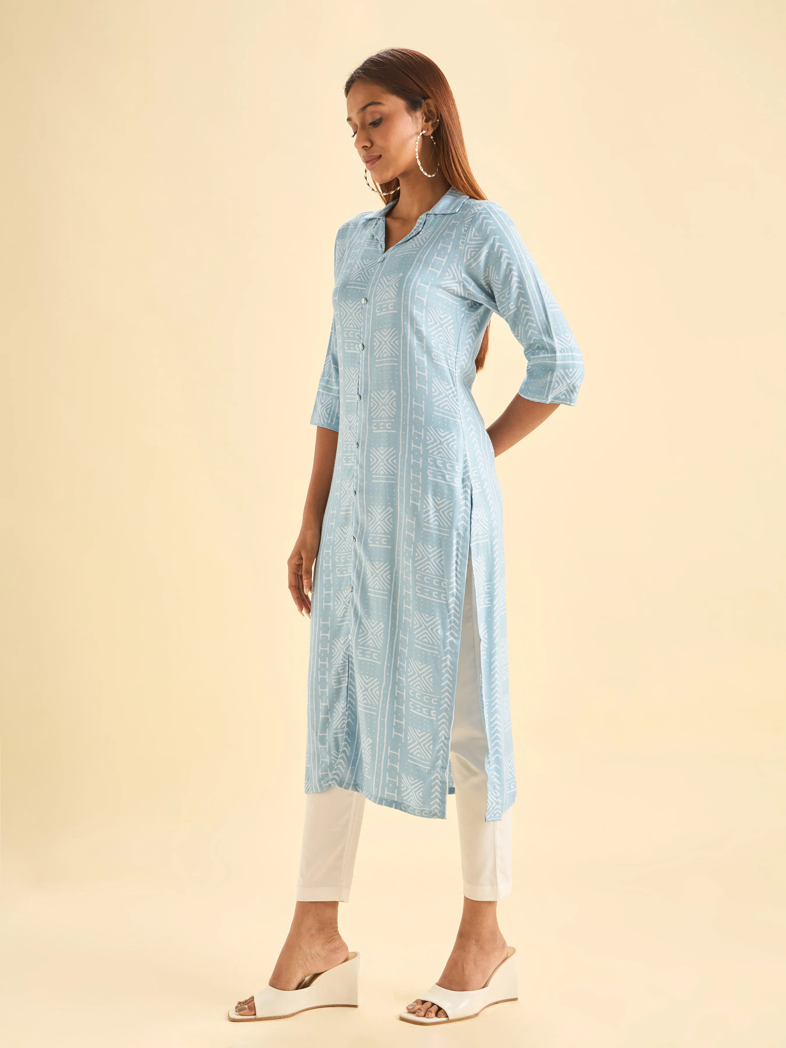 Denim Blue Ivory Tencel Printed Kurti - Image 5