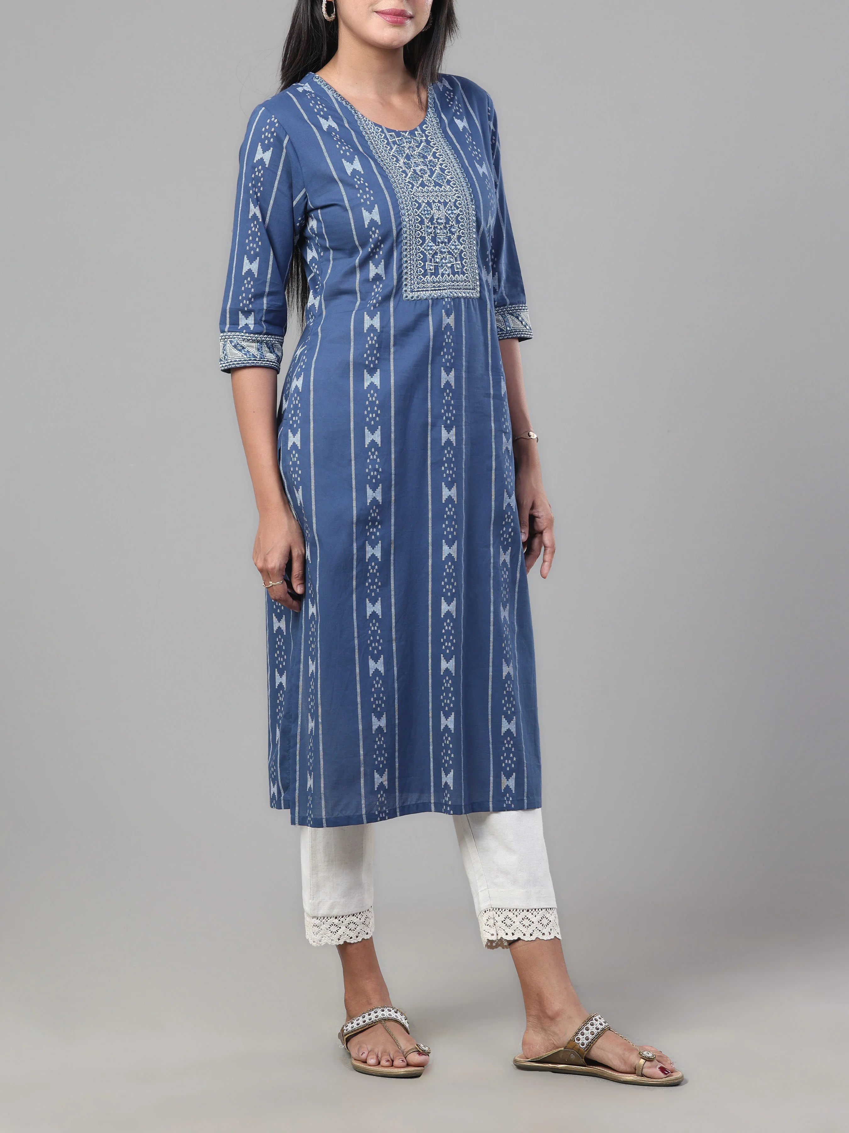 Denim Blue Pure Cotton Printed Kurti With Embroidery And Sequins Work - Image 3