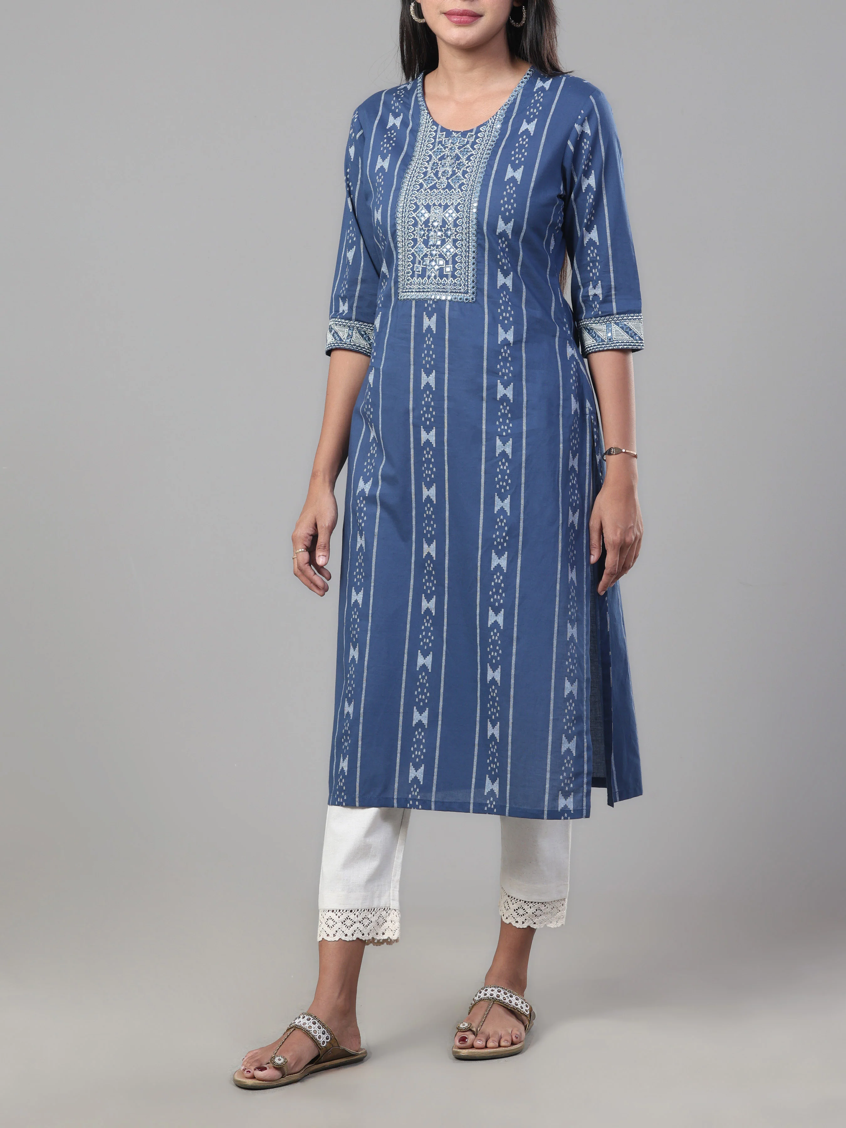 Denim Blue Pure Cotton Printed Kurti With Embroidery And Sequins Work - Image 4