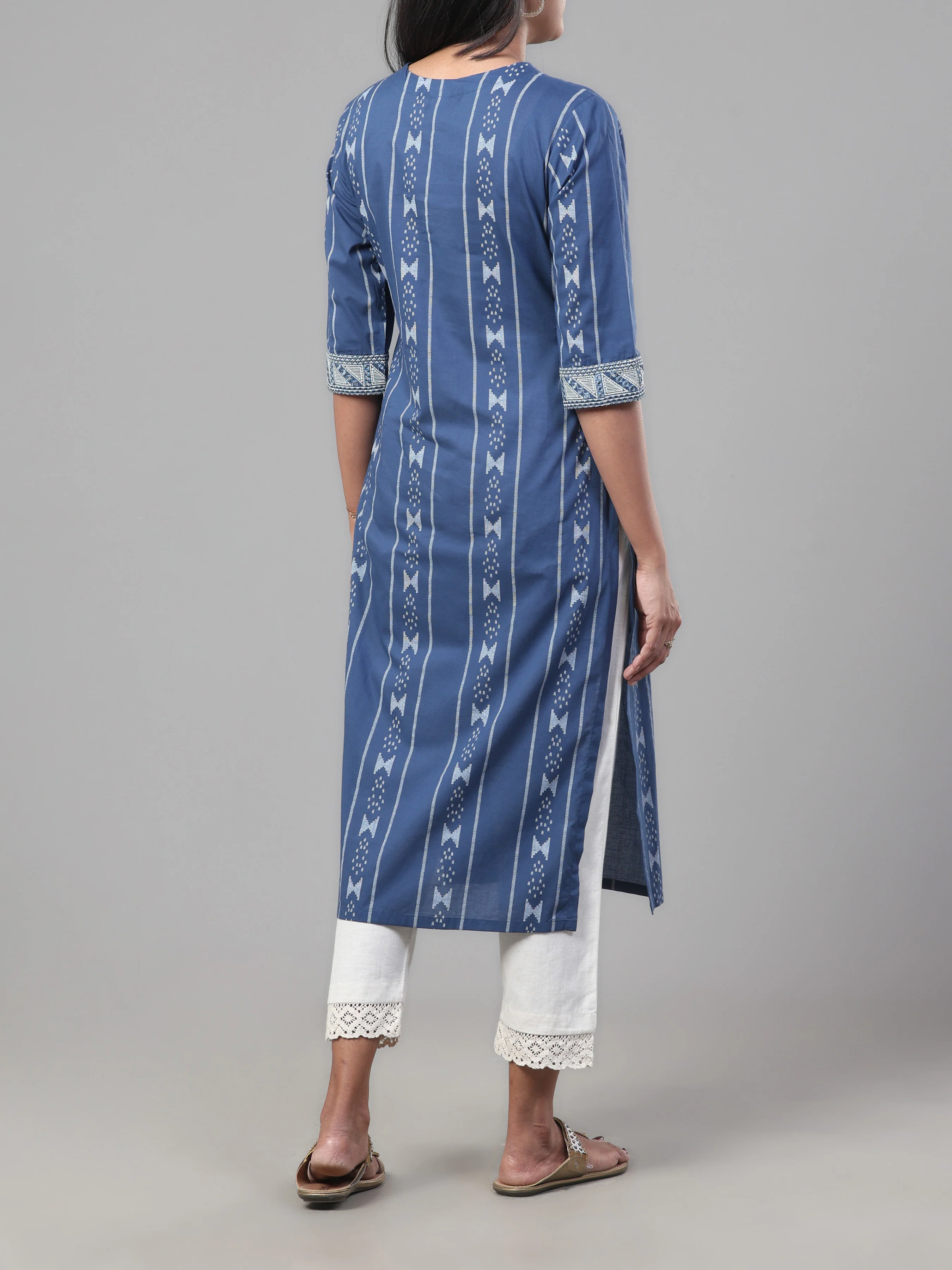 Denim Blue Pure Cotton Printed Kurti With Embroidery And Sequins Work - Image 5
