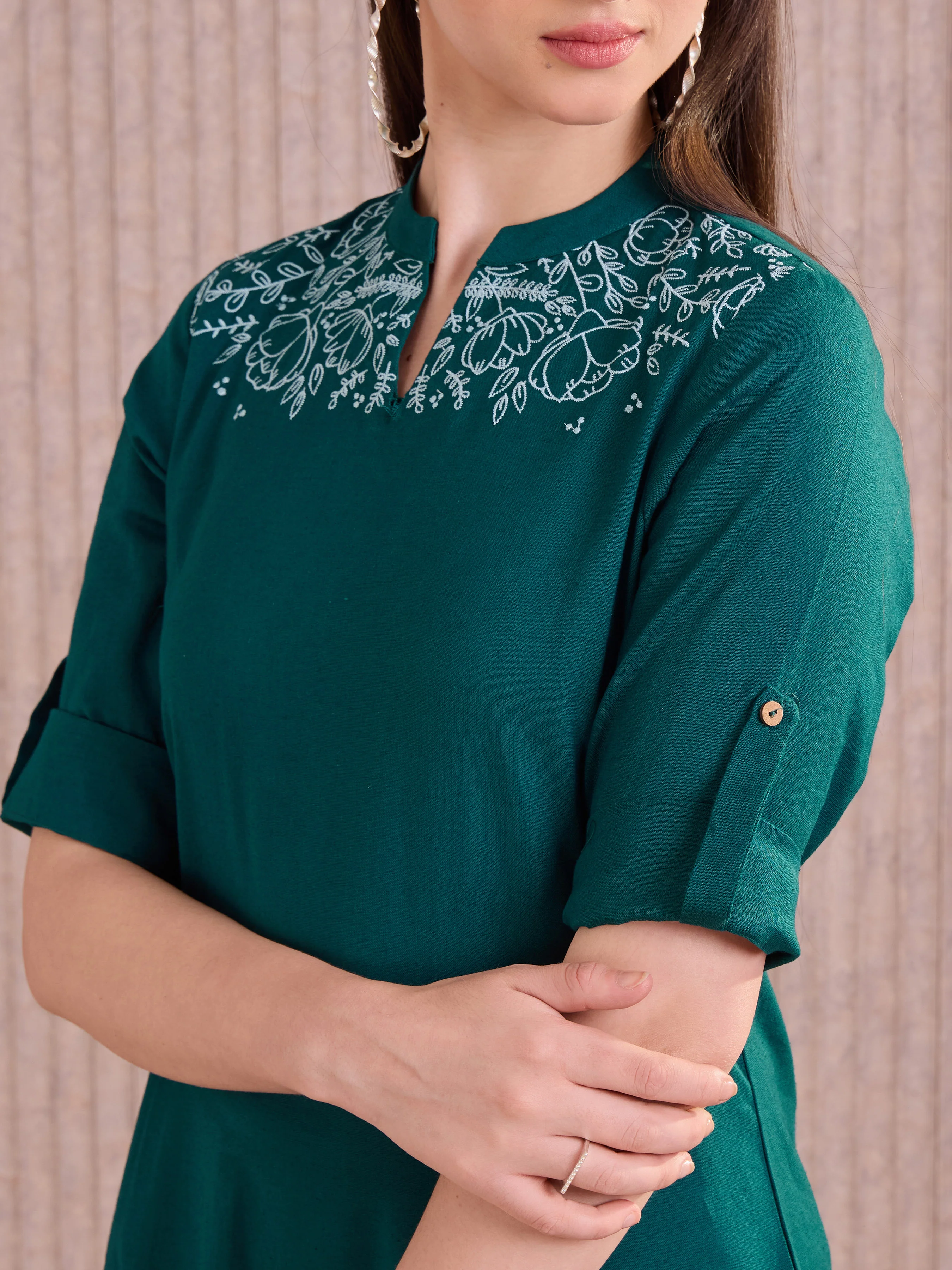 Firosi Blue Cotton Flax Plain Kurti With Embroidery - Image 2