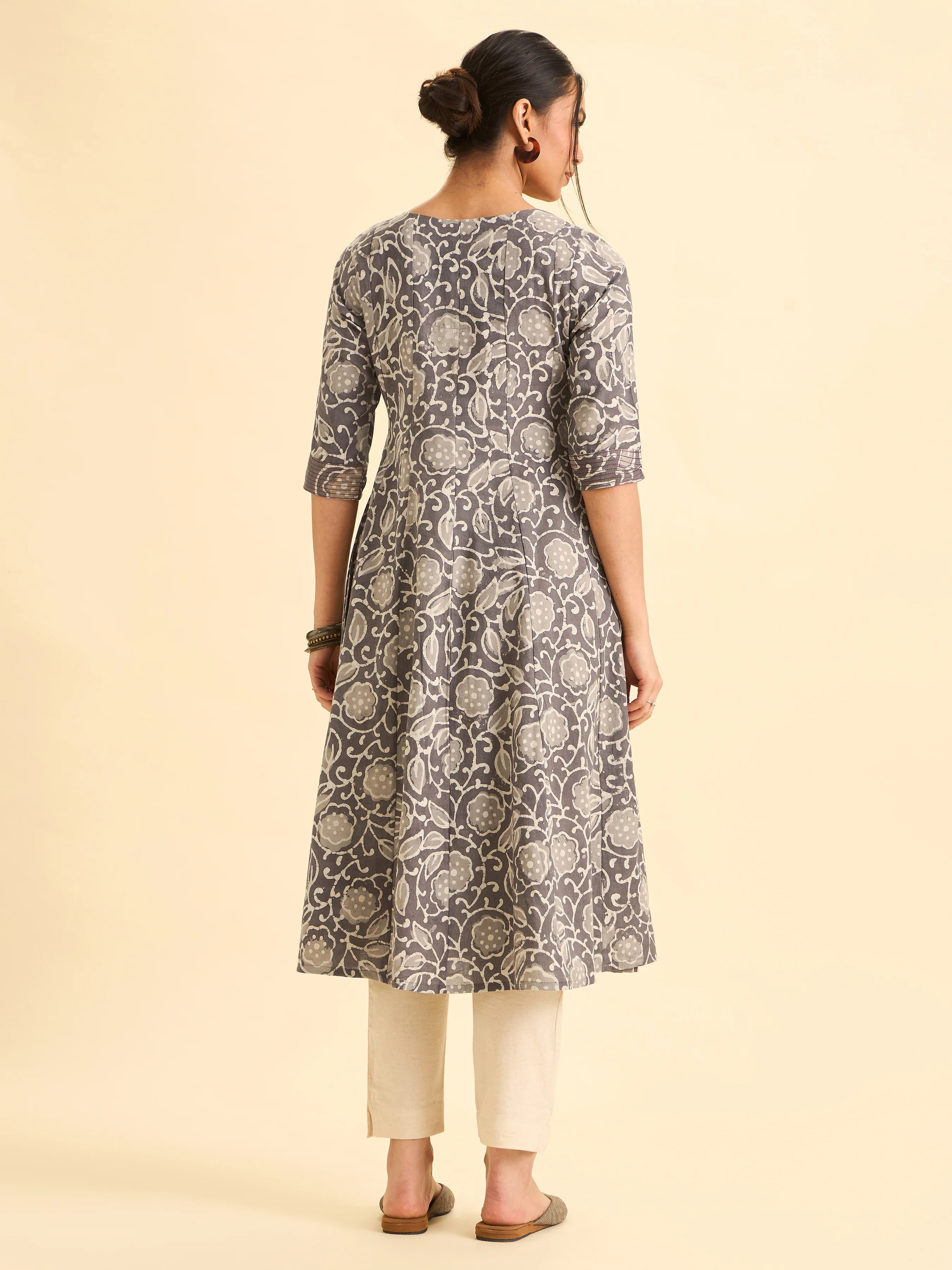 Gray And Ivory Pure Cotton Printed Flared Kalicut kurti With Embroidery And Sequins Work - Image 5