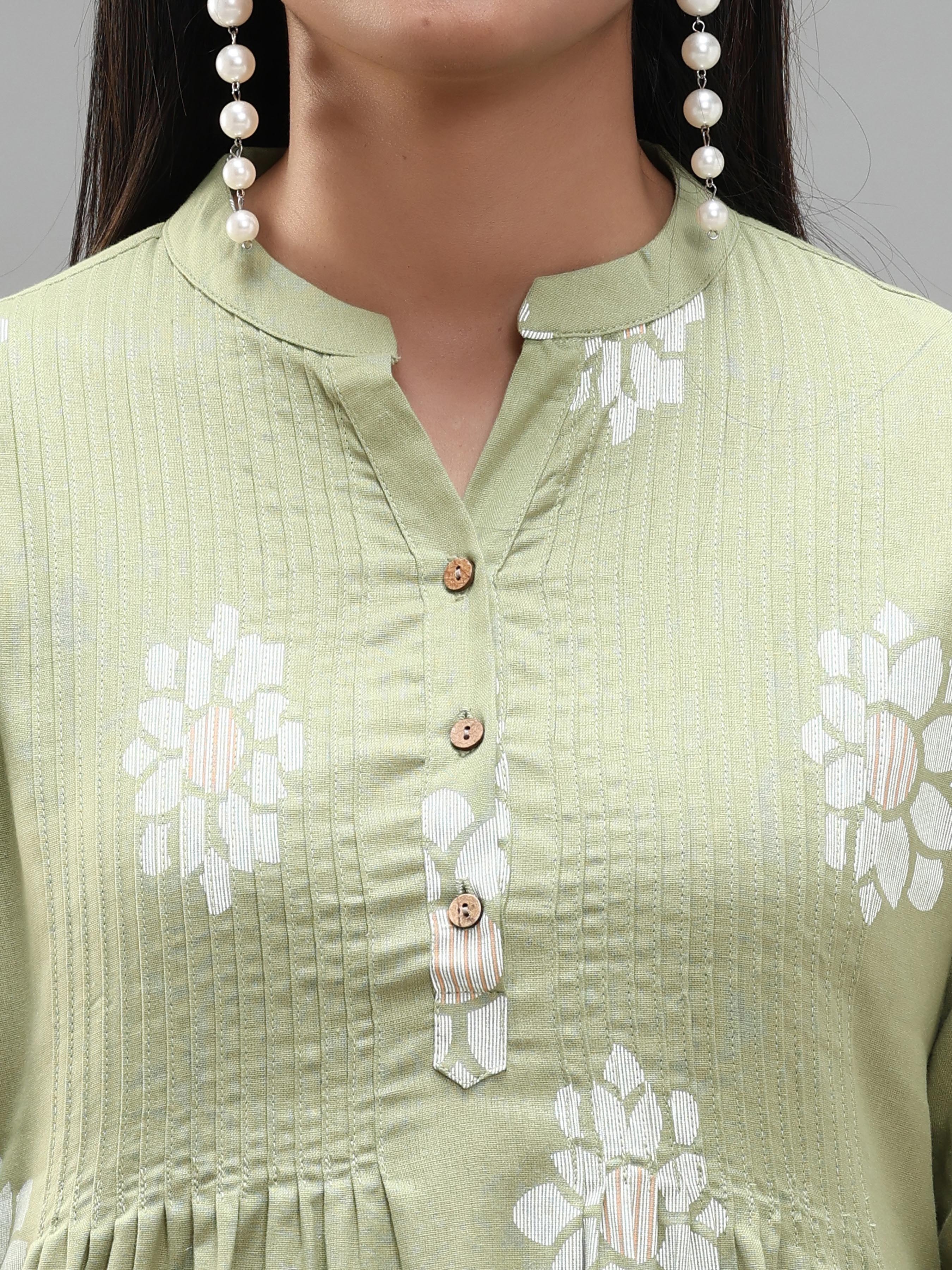 Green Cotton Flax Kurti With Print - Image 2