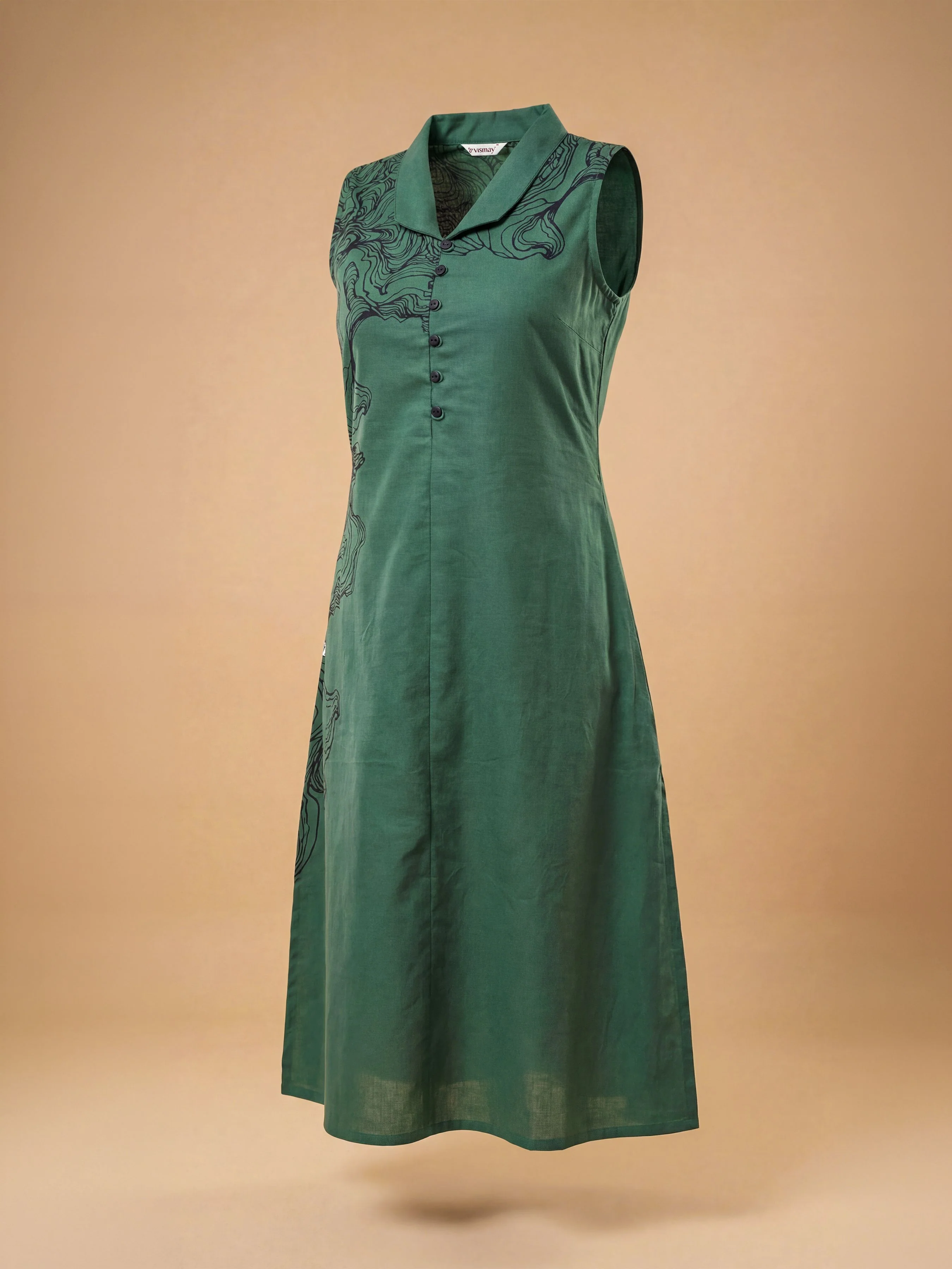 Green Cotton Flax Plain Flared Sleeveless Kurti With Placement Print - Image 6