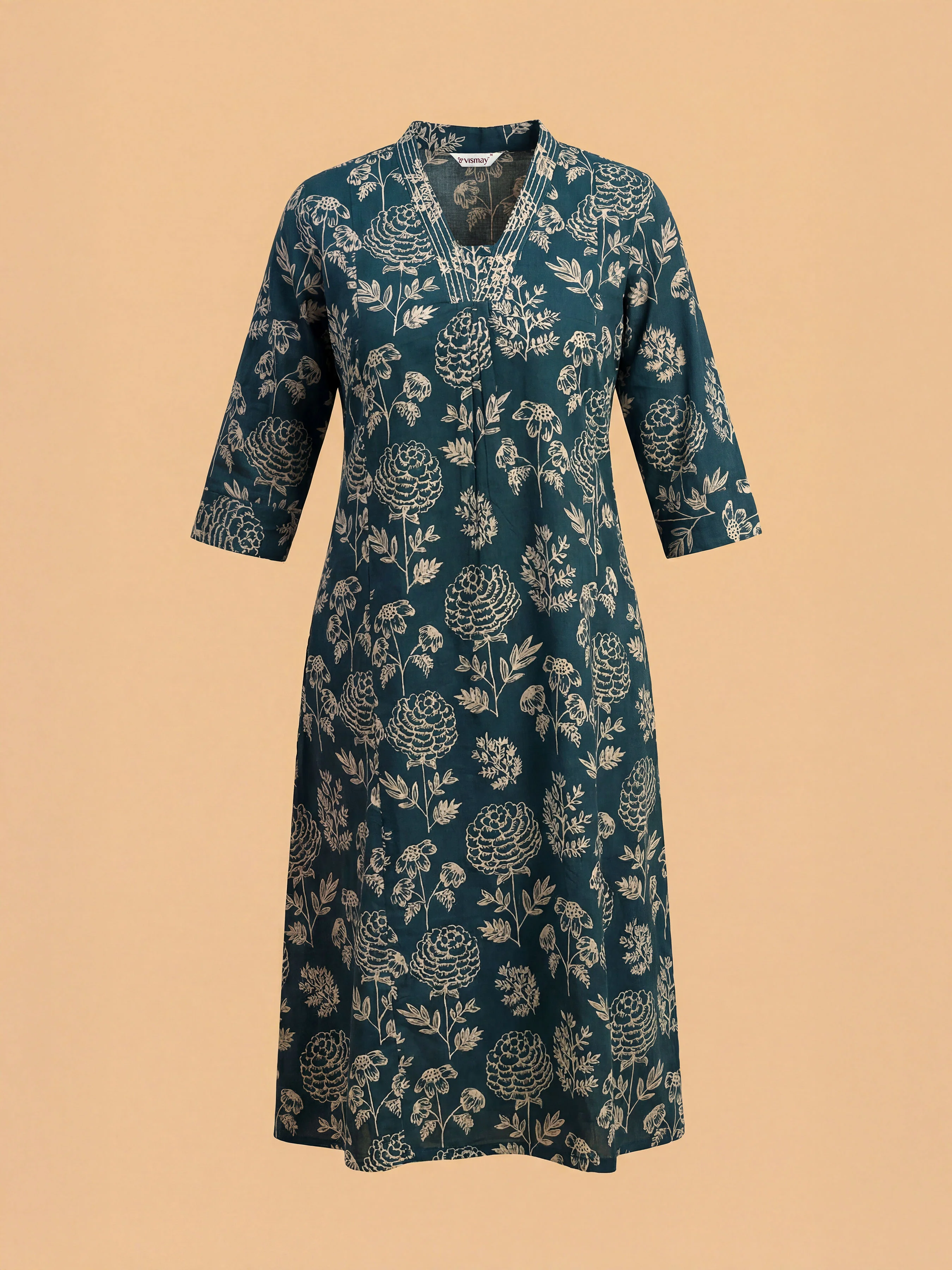 Green Ivory Cotton Printed Flared Kurti Set With Embroidery - Image 3
