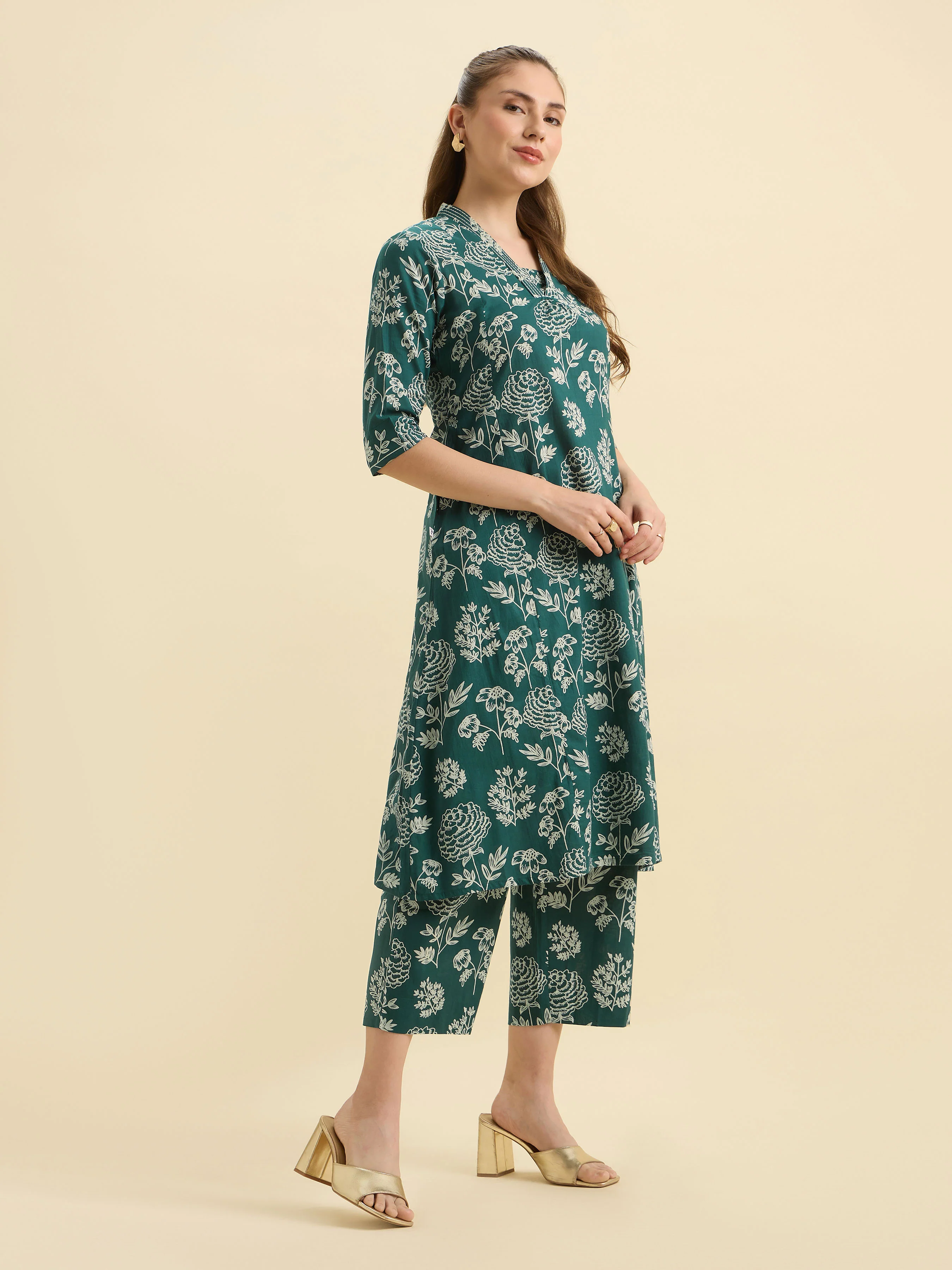 Green Ivory Cotton Printed Flared Kurti Set With Embroidery - Image 8