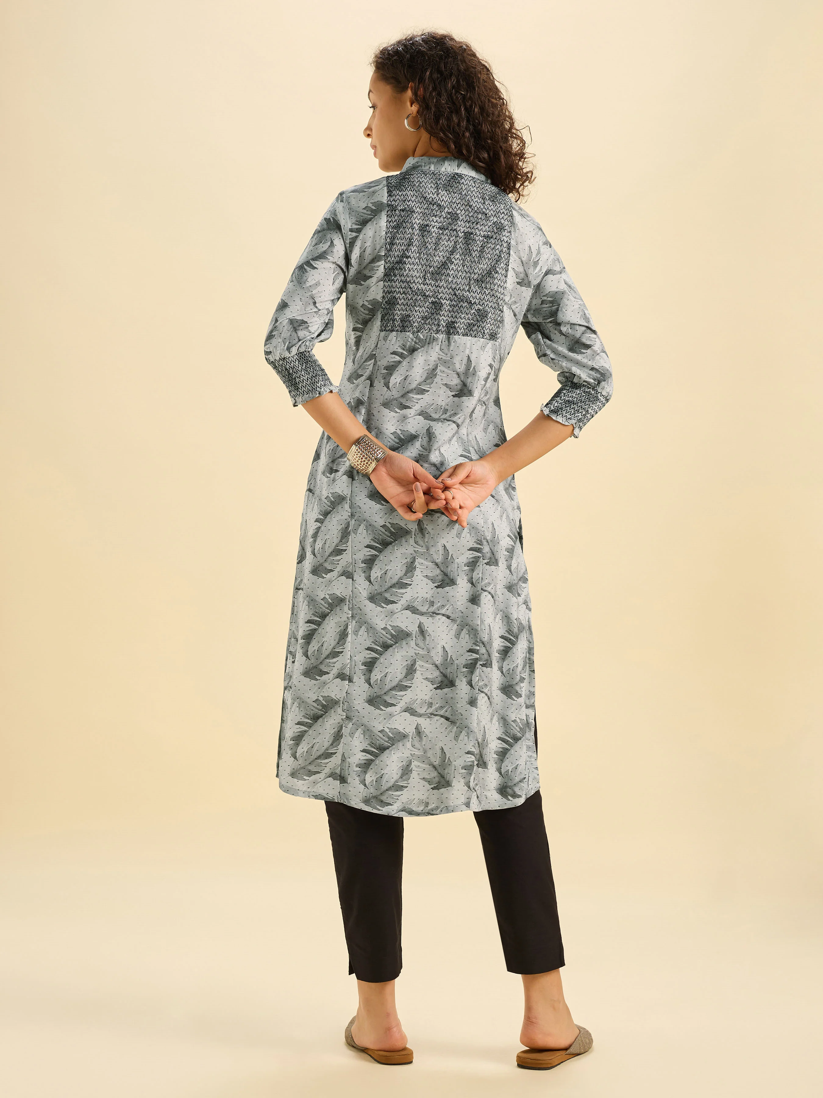 Grey And Black Vicose Printed Slitted Kurti With Smocking Embroidery - Image 6
