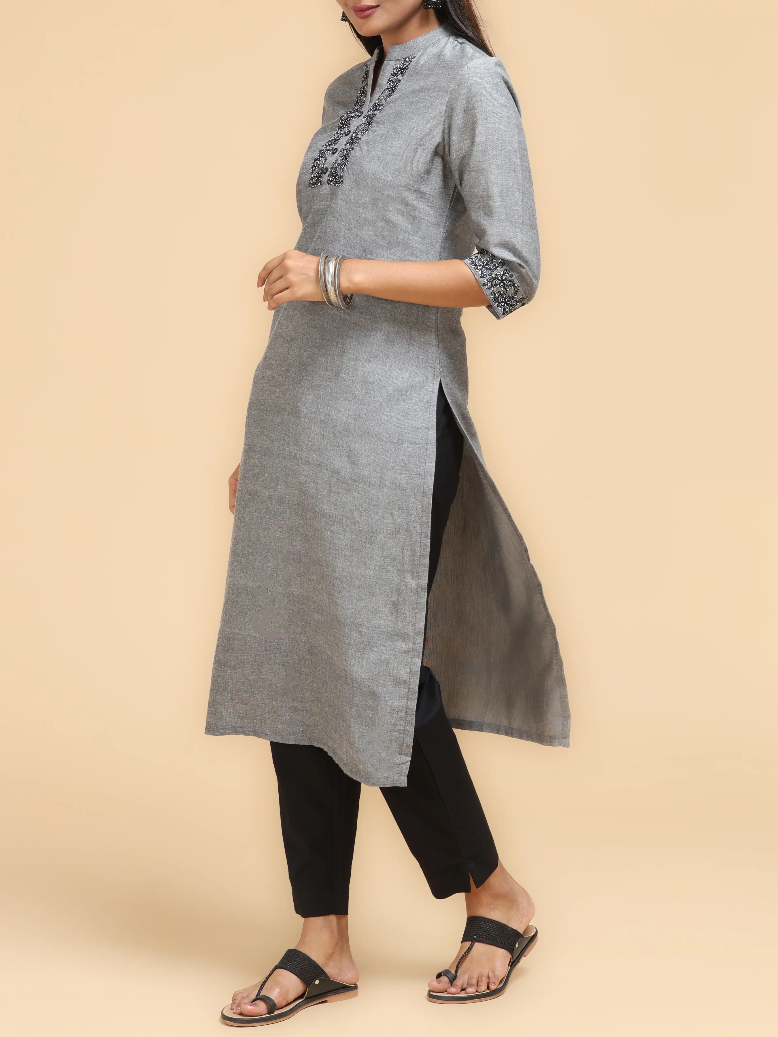 Grey Pure Cotton Kurti With Embroidery - Image 3