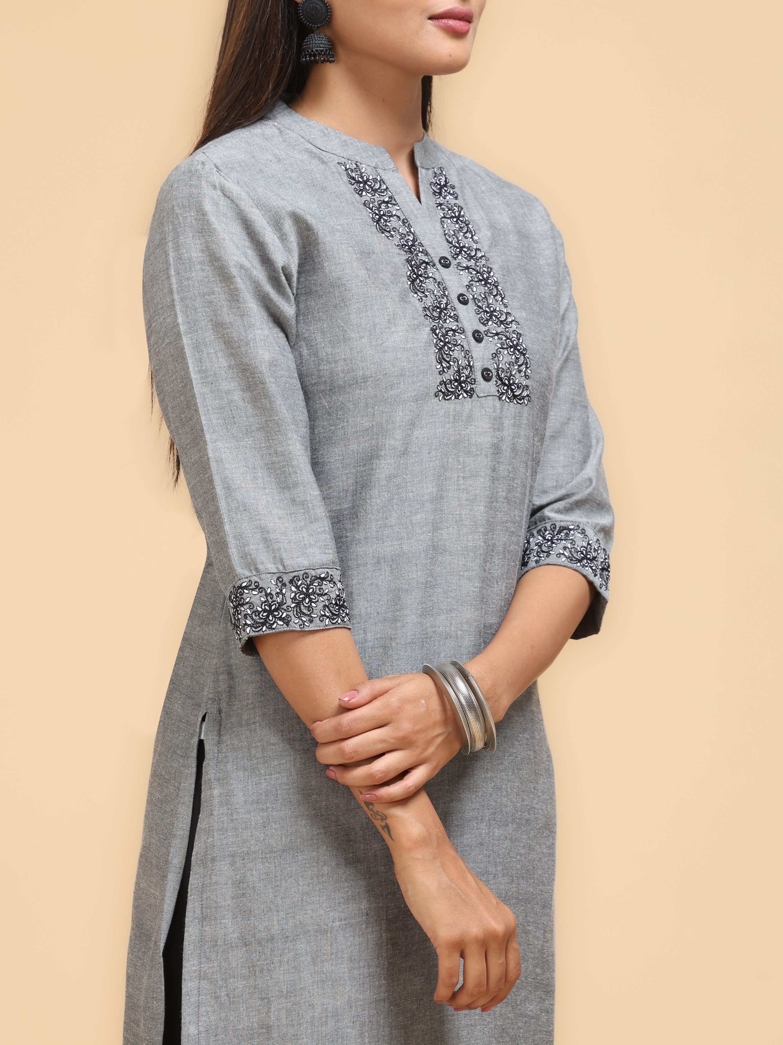 Grey Pure Cotton Kurti With Embroidery - Image 4
