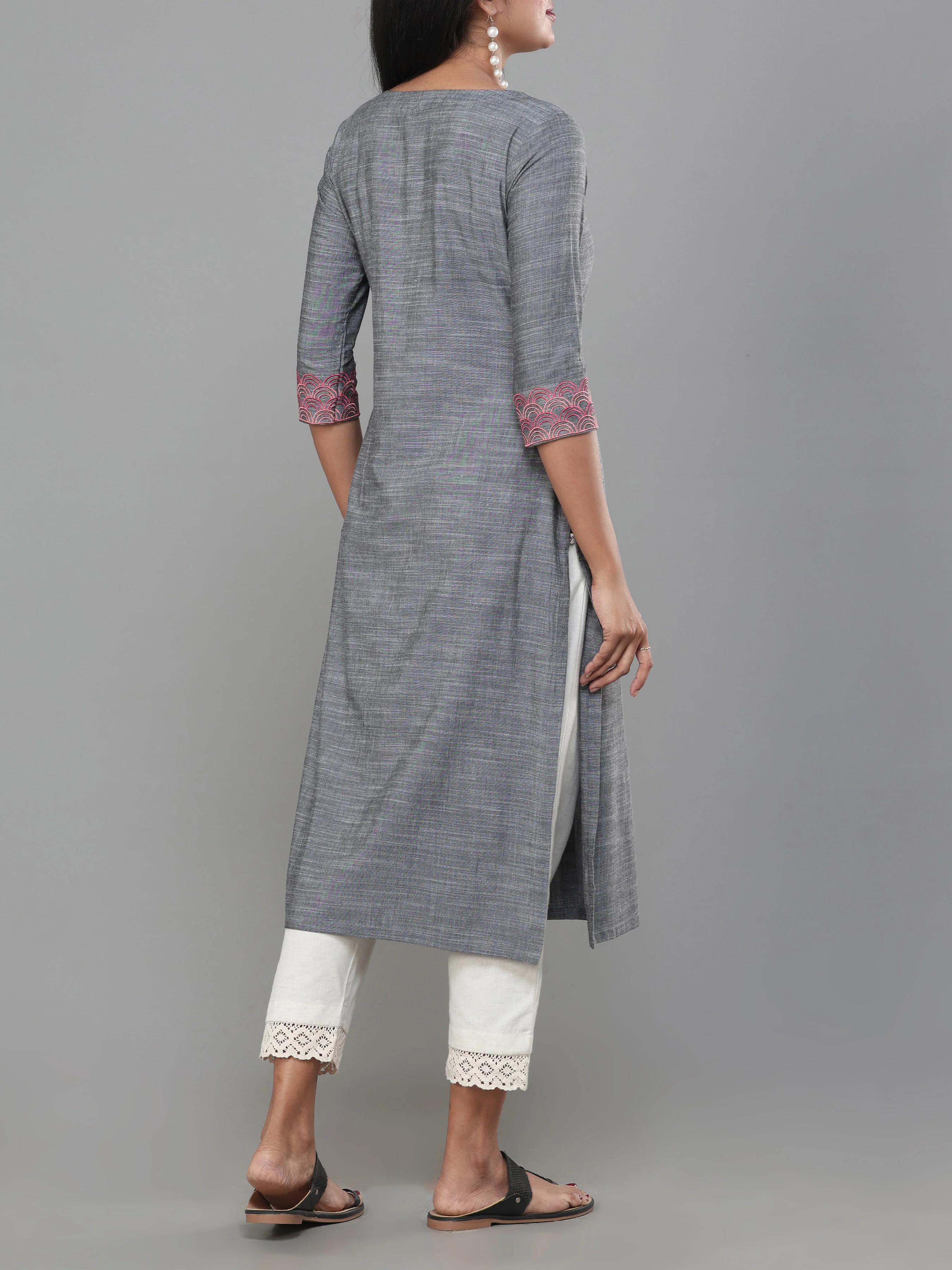 Grey Viscose Cotton Slub Kurti With Embroidery - Image 5