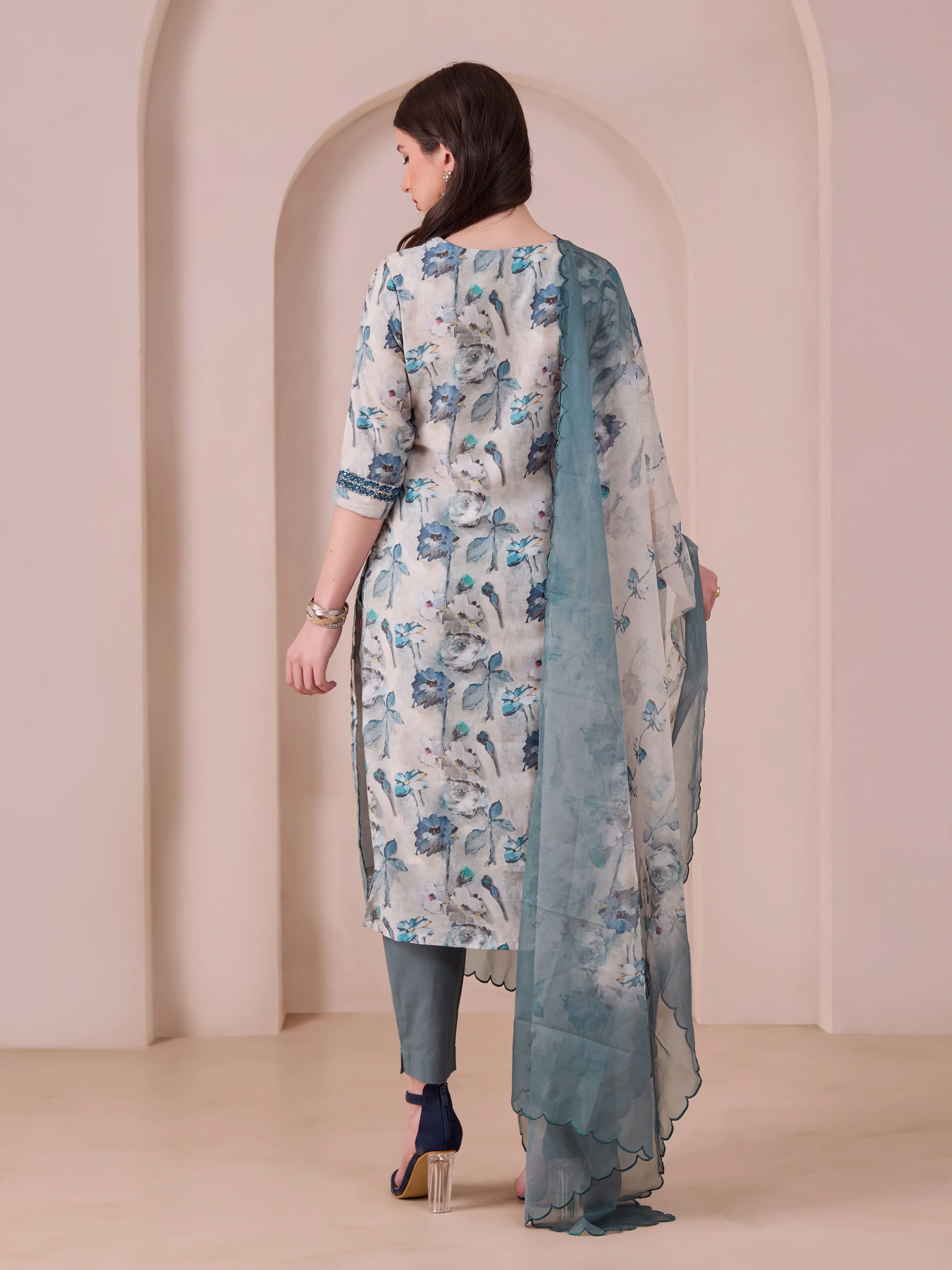 Multi Colour Cotton Blend Kurti Set & Dupatta With Sequins Embroidery - Image 6