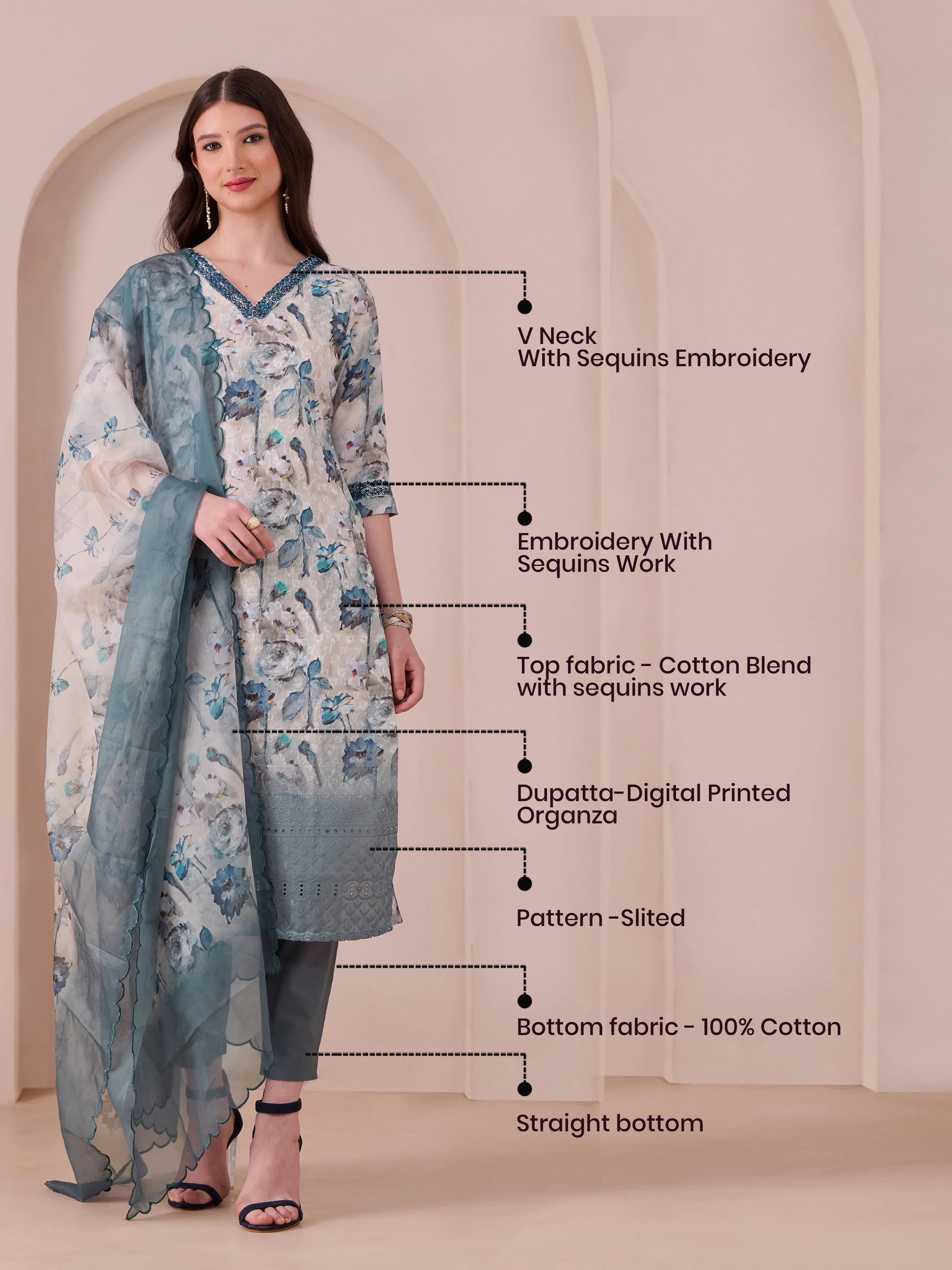 Multi Colour Cotton Blend Kurti Set & Dupatta With Sequins Embroidery - Image 7