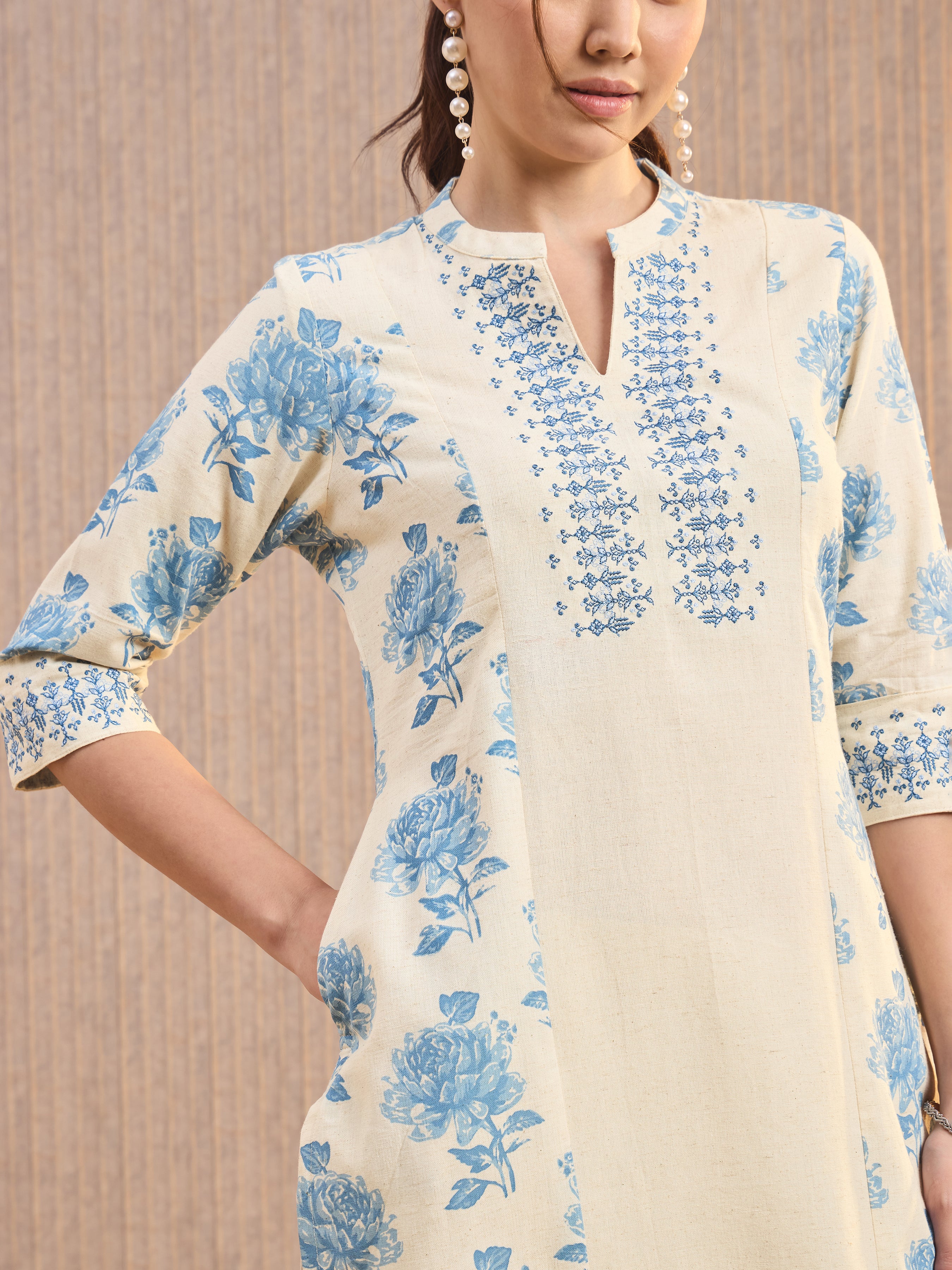 Ivory And Blue Cotton Flax Traditional Printed Kurti - Image 5