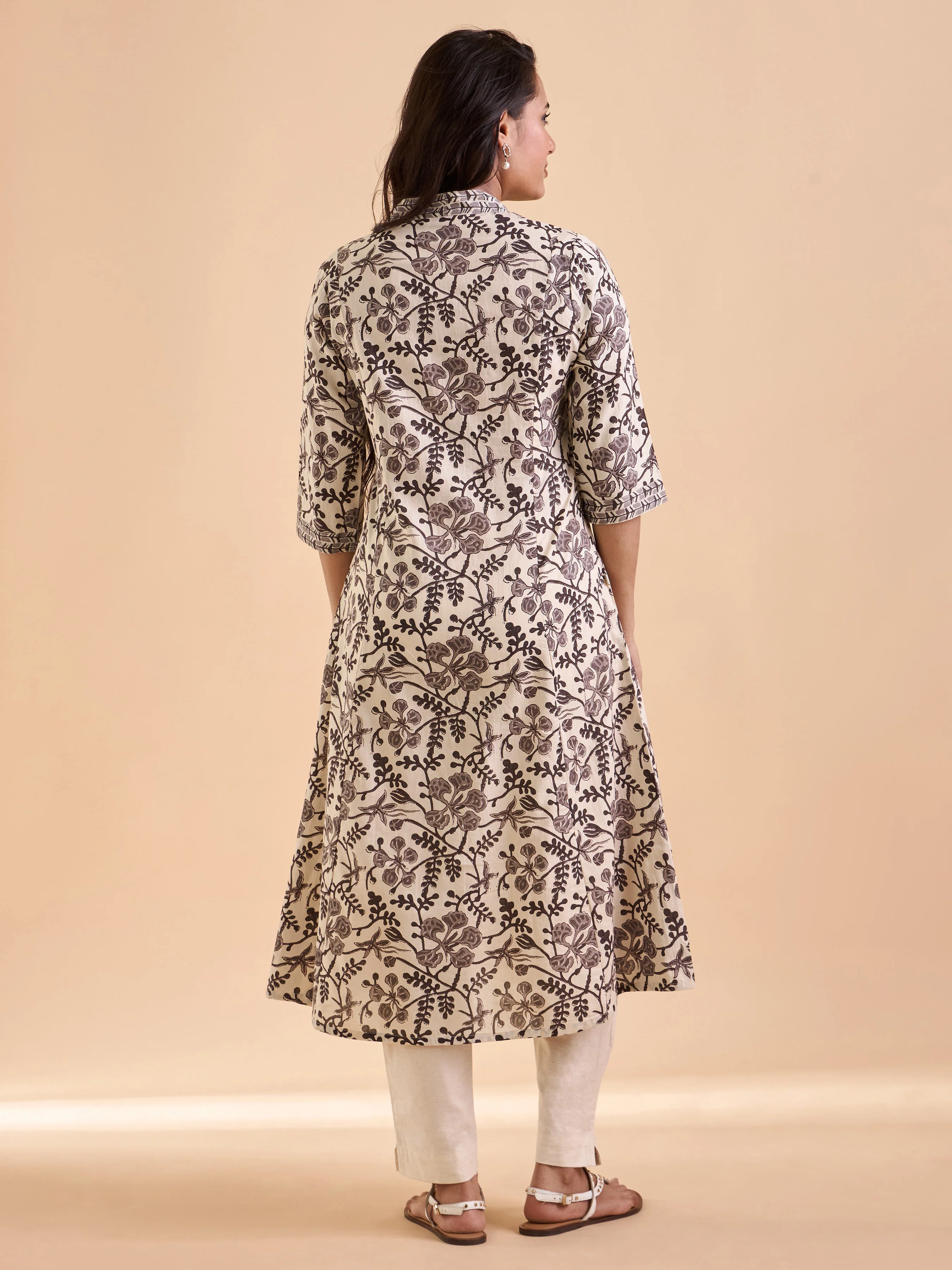 Ivory And Brown PureCotton Printed Kurti With Embroidery - Image 5