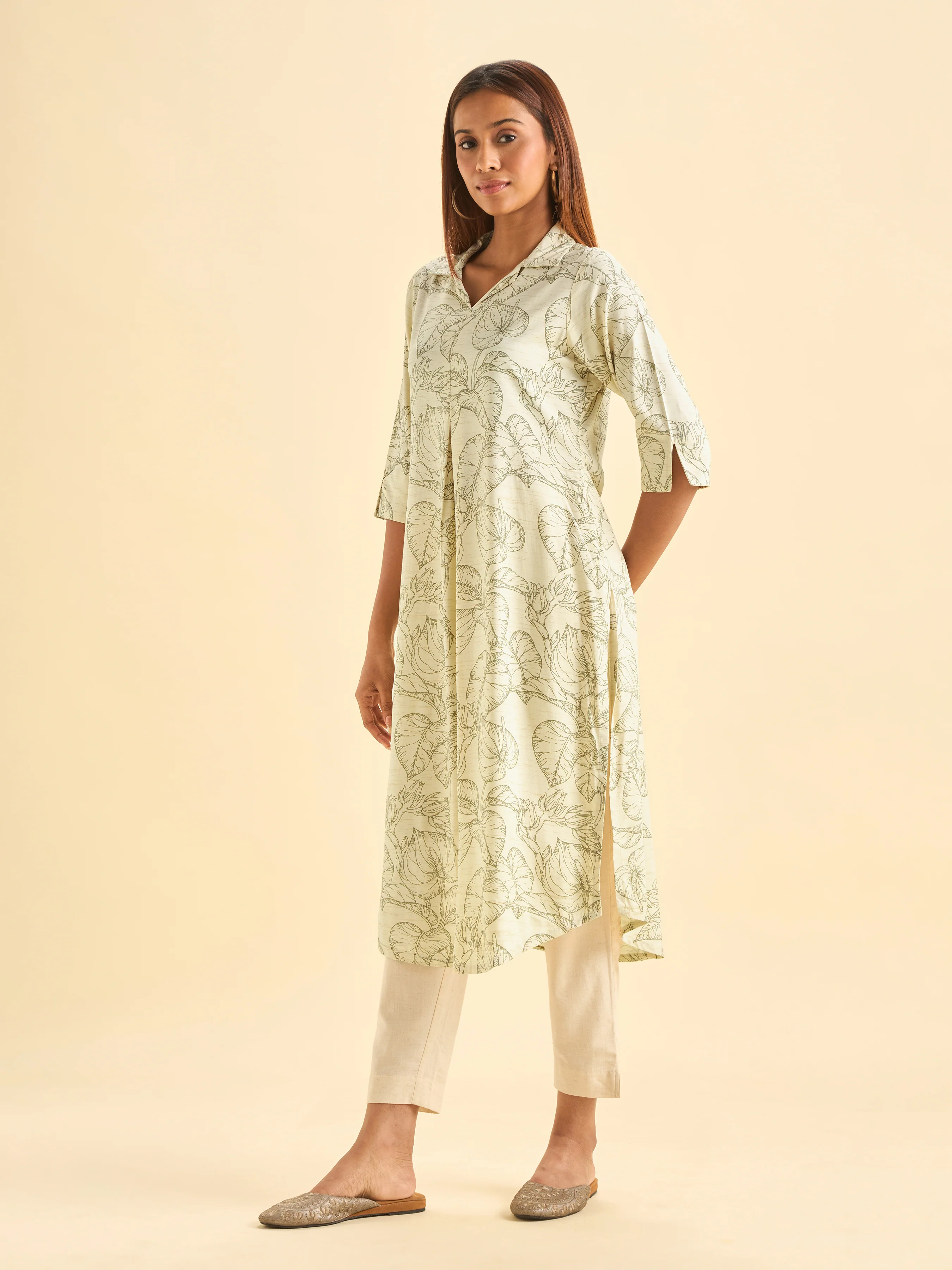 Ivory And Coffee Brown Tencel Printed Slitted Kurti With Princess Cut And Libertycut - Image 5