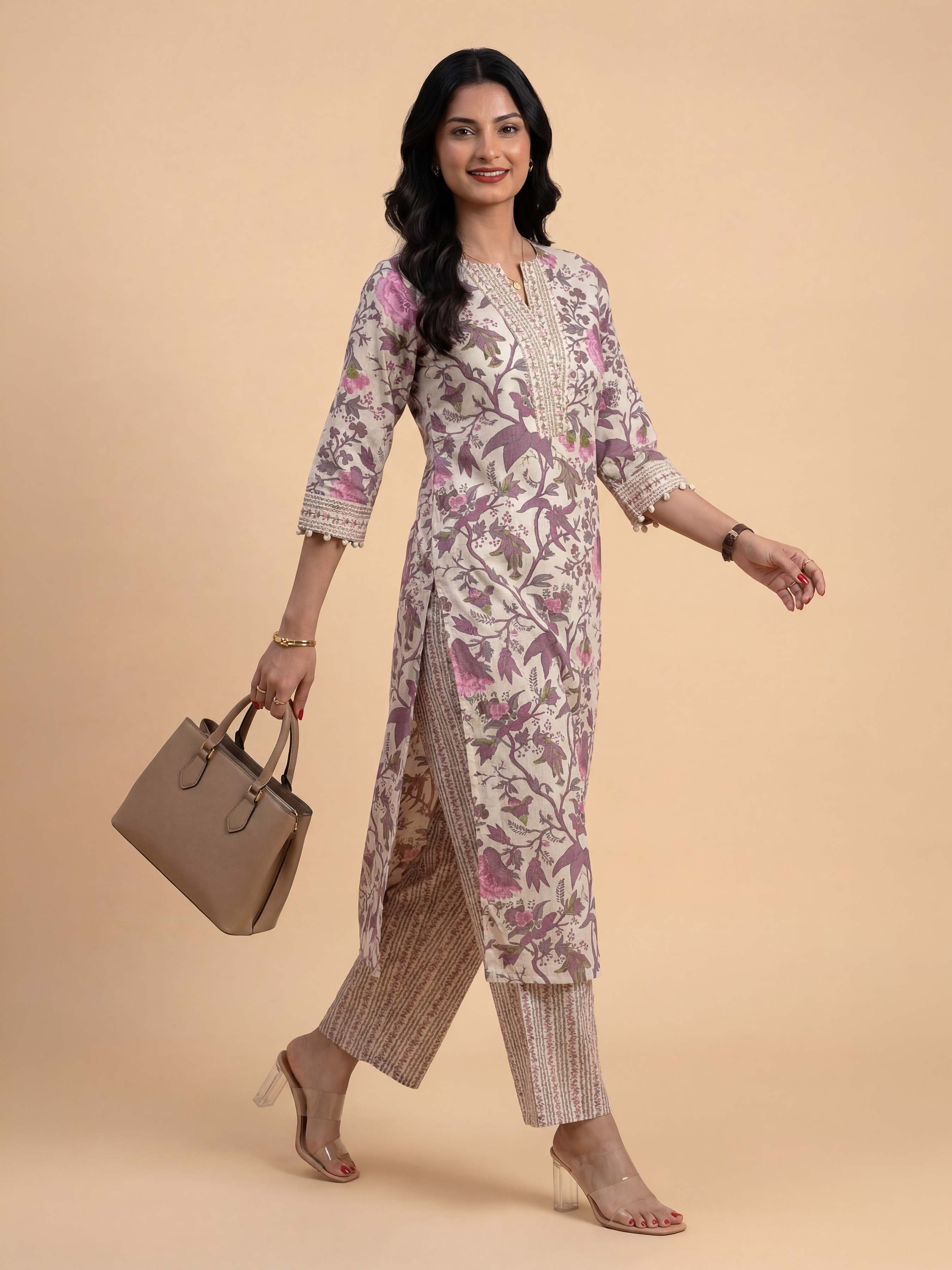 Ivory And Muti Colour Cotton Flax Printed Kurti Set - Image 5
