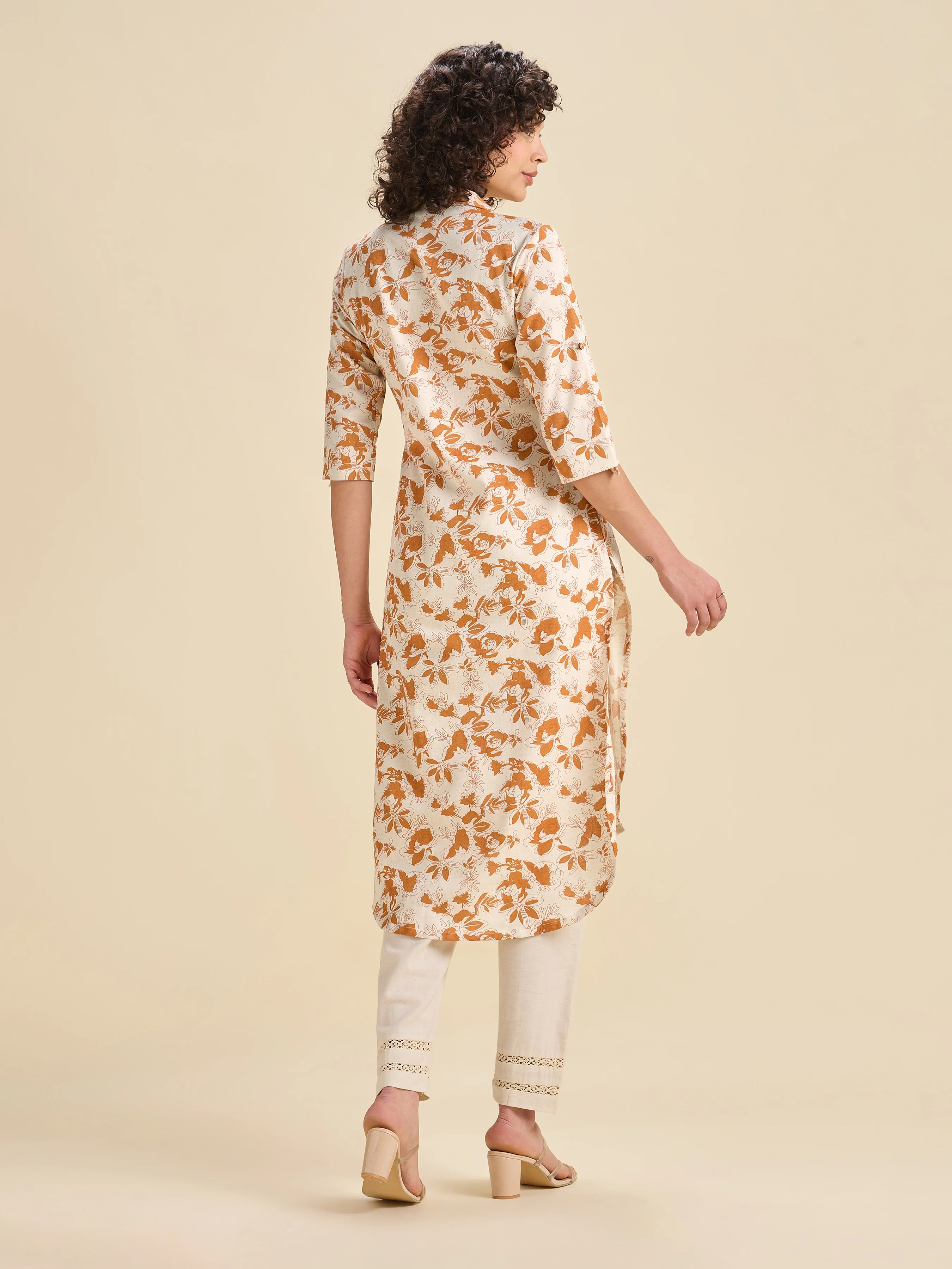 Ivory And Orange Cotton Flax Printed Slitted Kurti With Curved Hem - Image 6