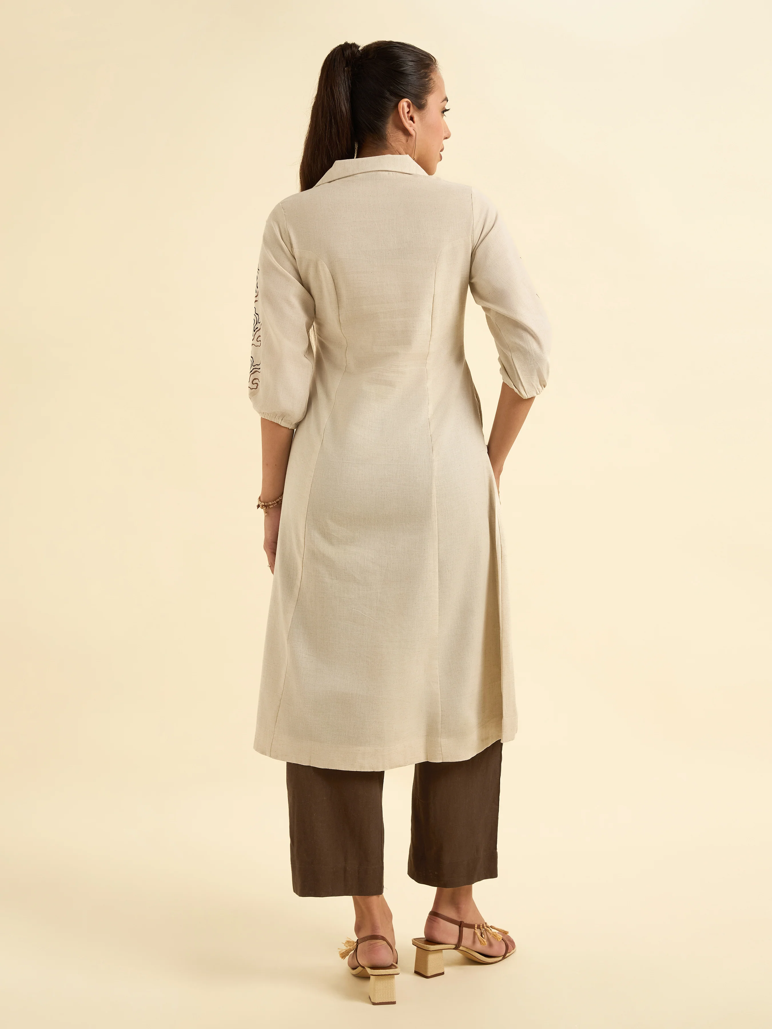 Ivory Cotton Flax Flared Kurti With Princess Cut And Embroidery - Image 6
