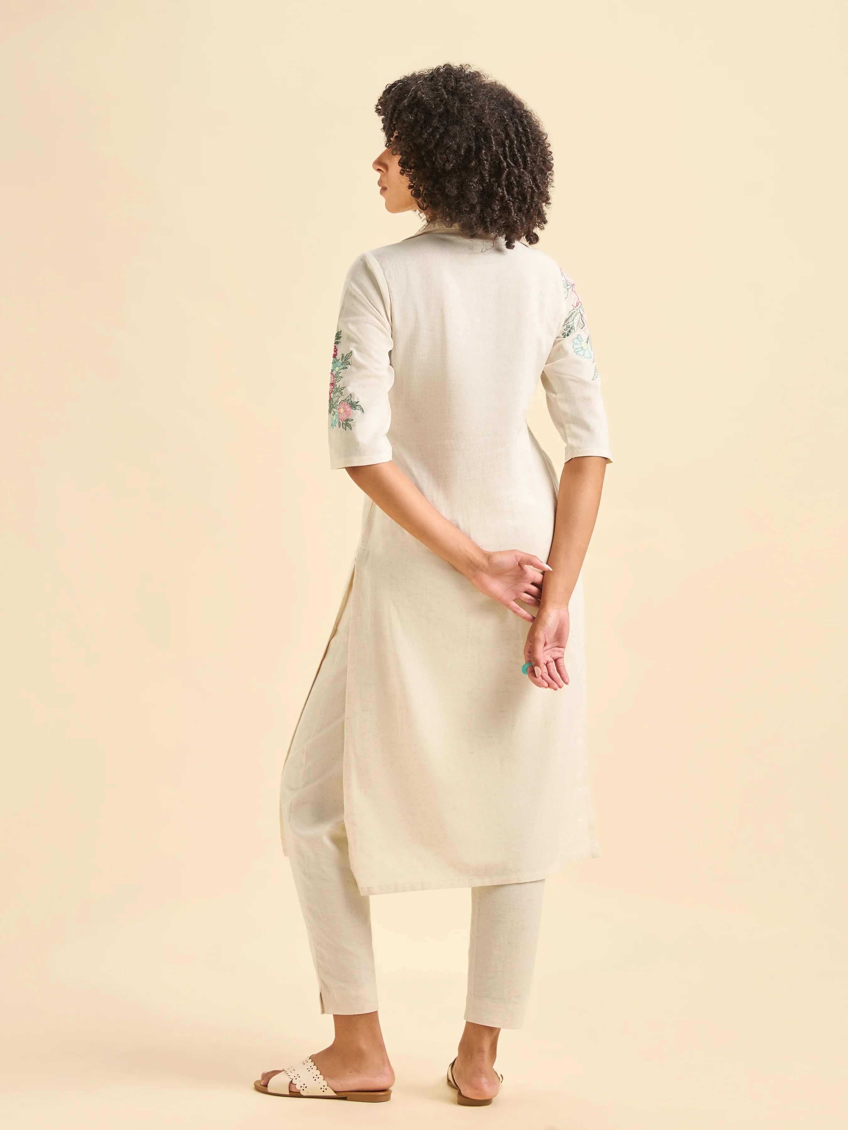 Ivory Cotton Flax Plain Slitted Kurti With Embroidery - Image 6