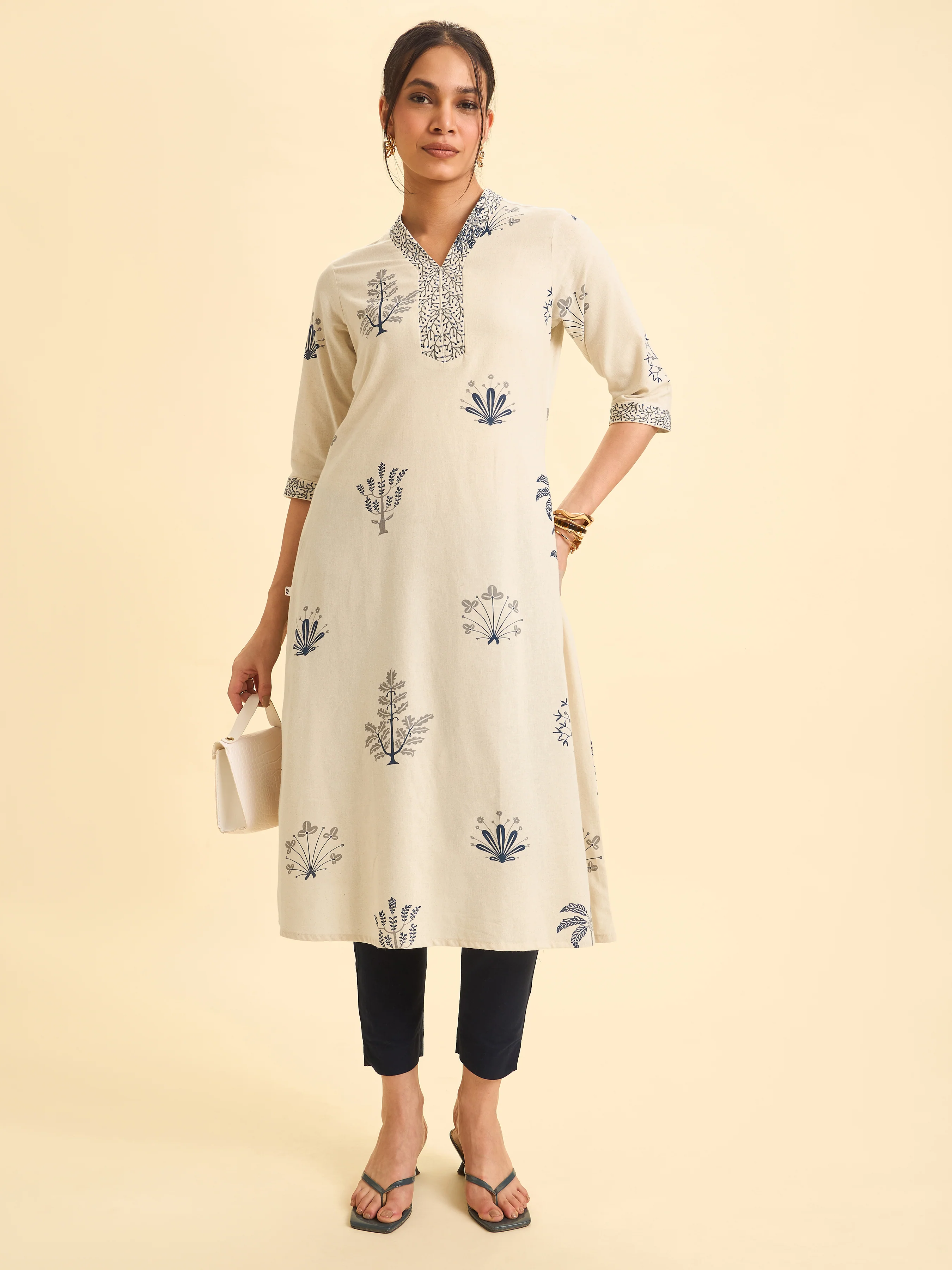 Ivory Cotton Flax Printed Flared Kurti With Embroidery