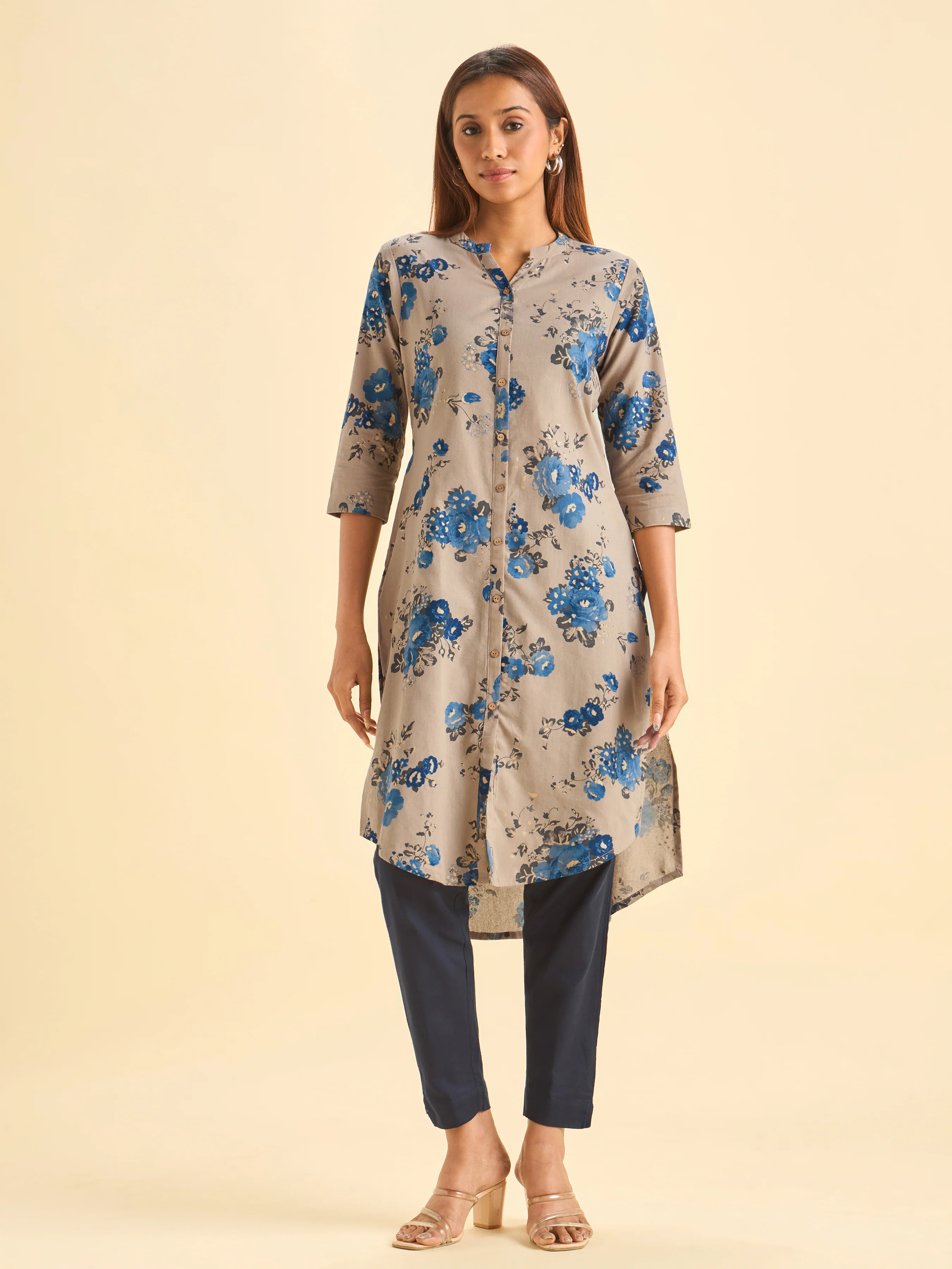 Ivory Cotton Flax Printed Kurti With Center Cut - Image 4