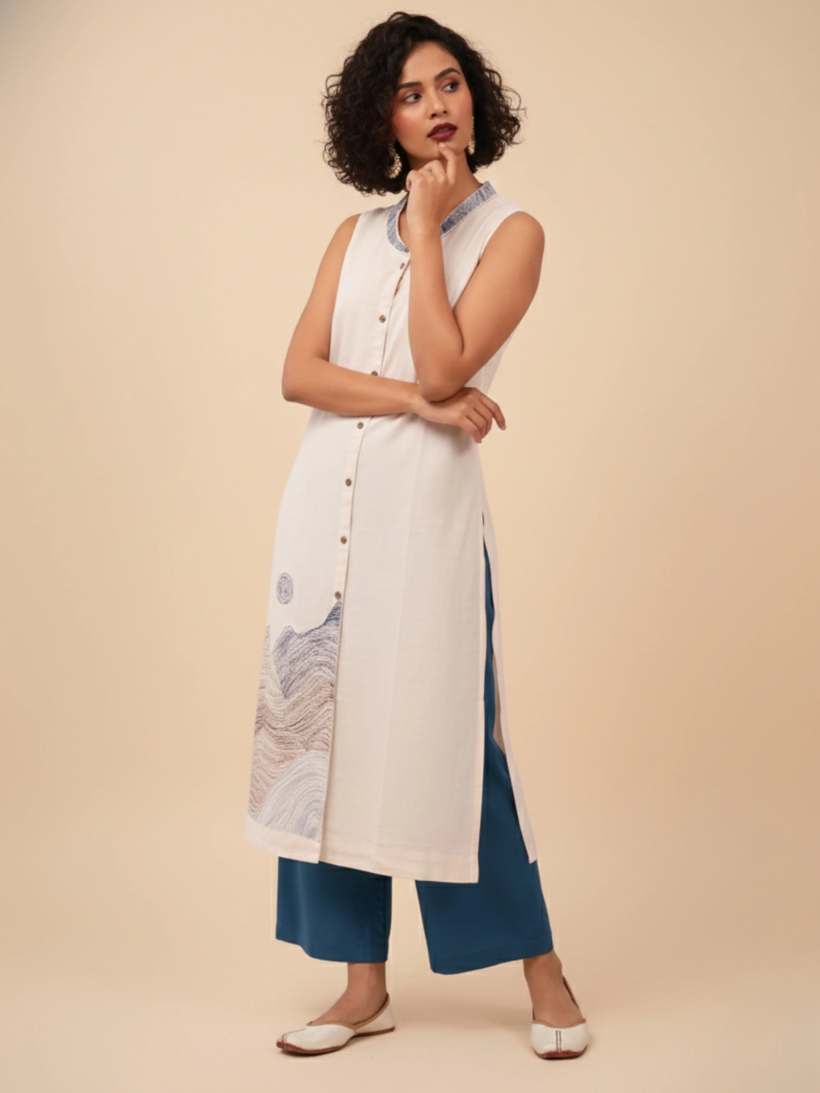 Ivory Cotton Flax Slub Co-Ord Set With Embroidery - Image 2