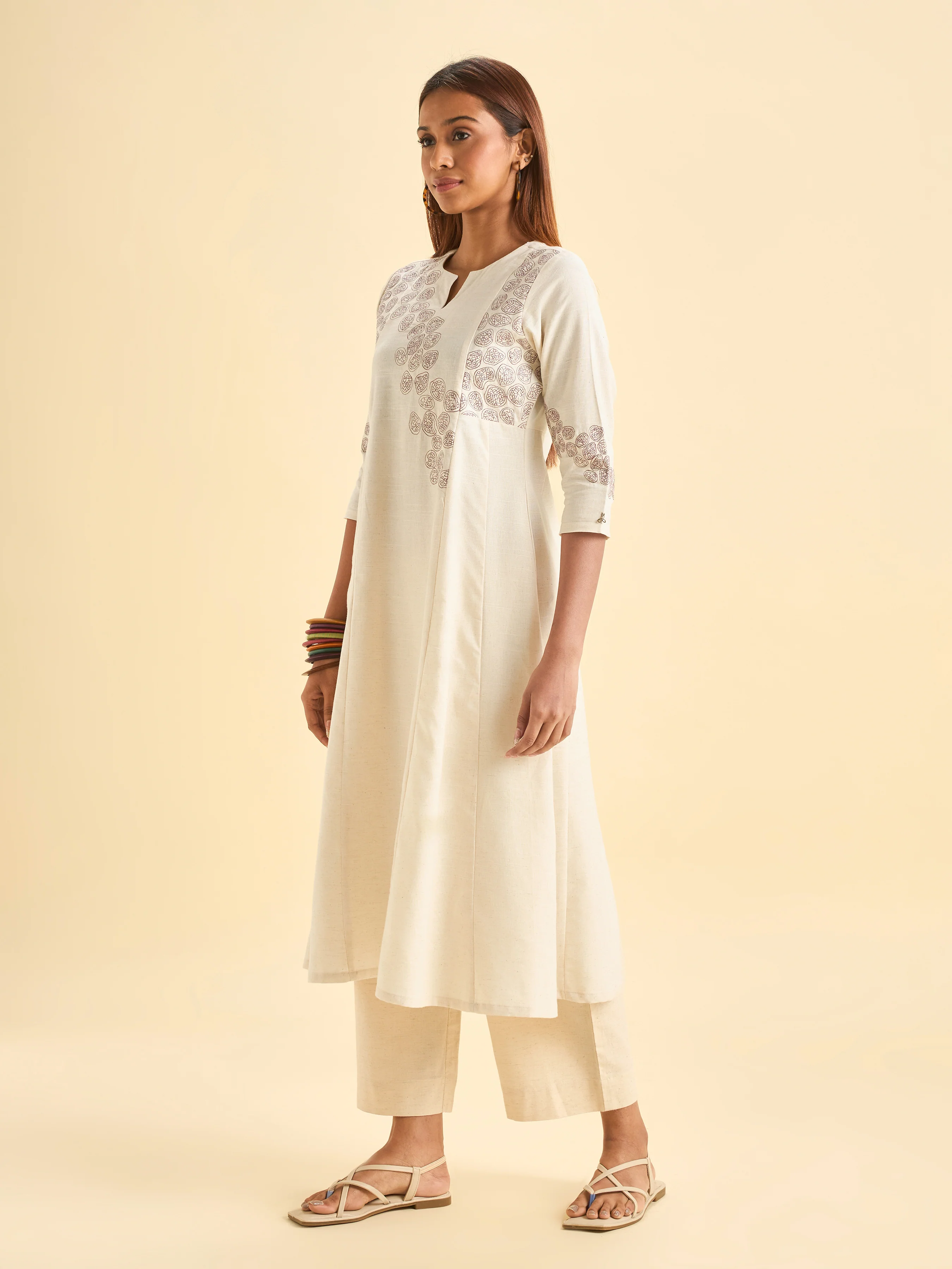 Ivory Cotton Flax Slub Flared Centre Panel Kurti - Image 5