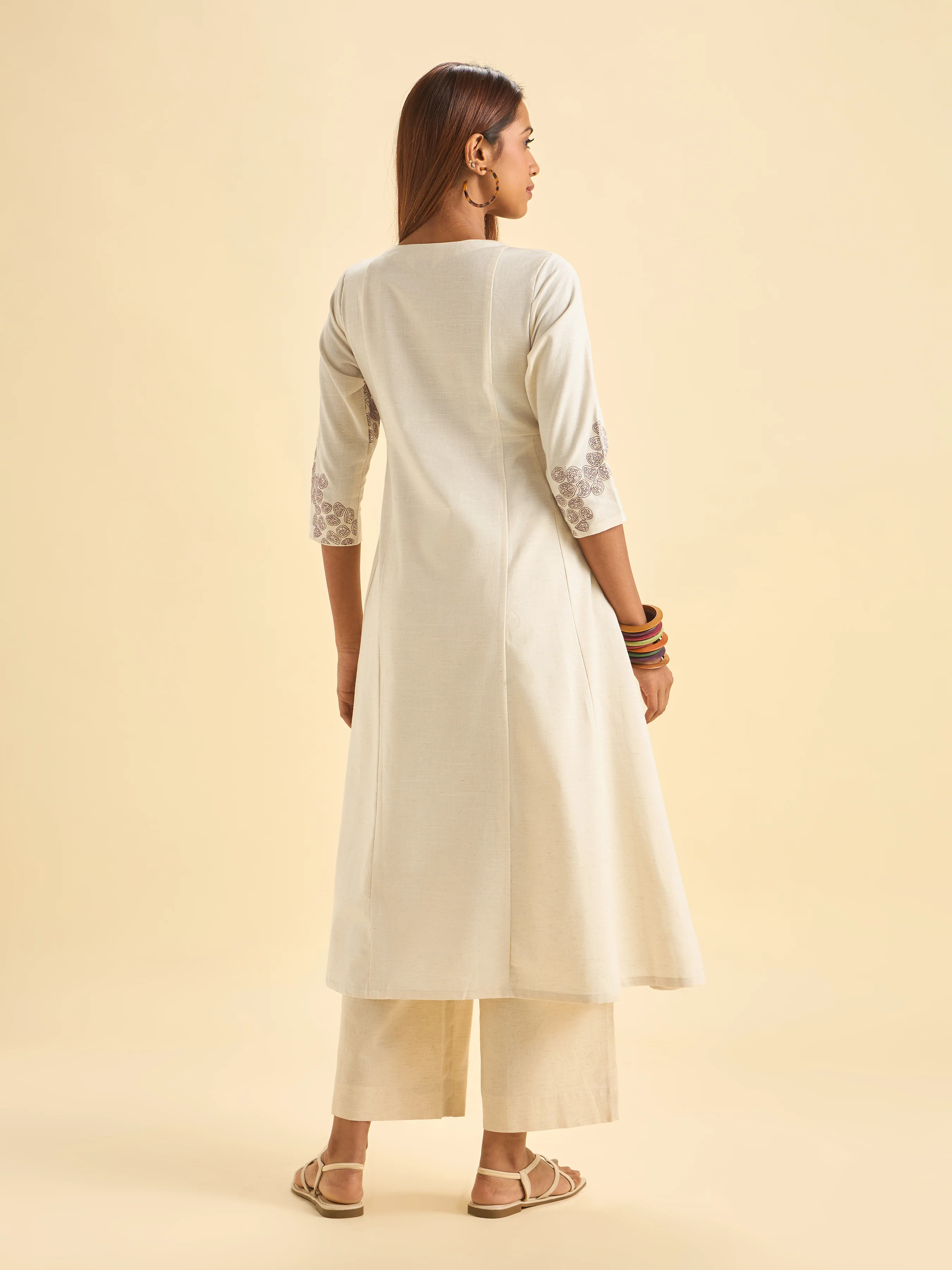 Ivory Cotton Flax Slub Flared Centre Panel Kurti - Image 6