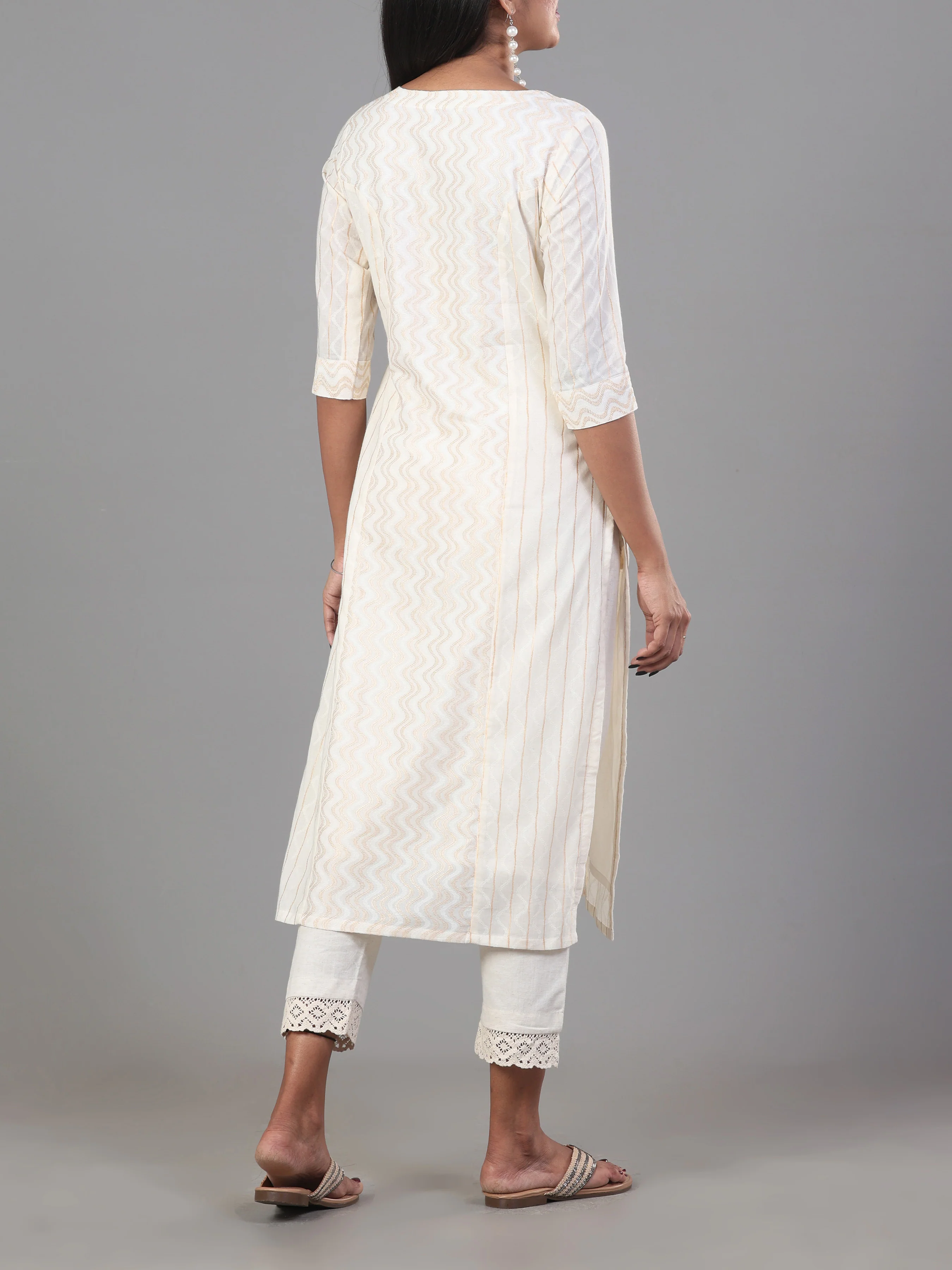 Ivory Cotton Jacquard Kurti With Princess Cut - Image 5