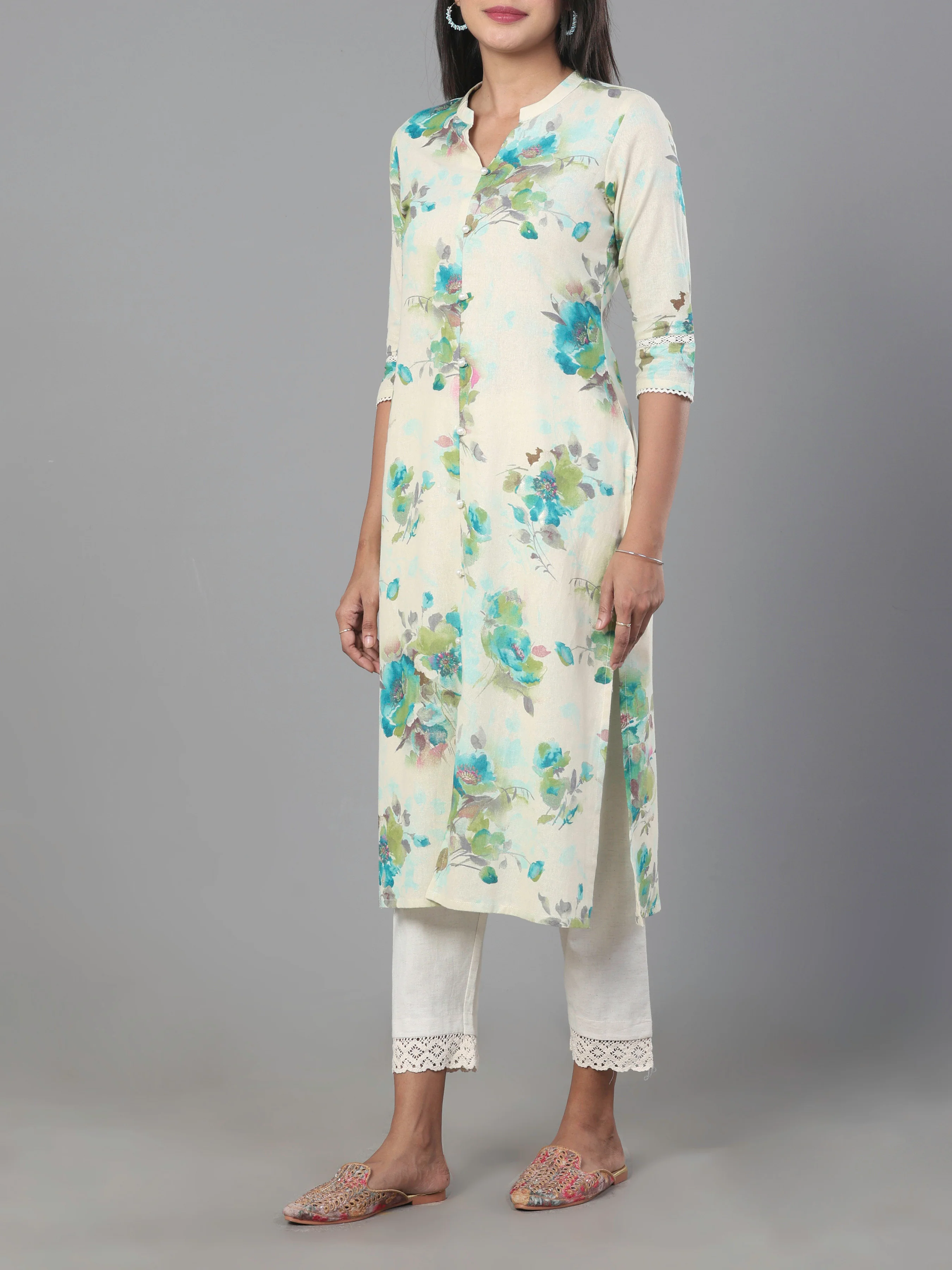 Ivory Cotton Linen Printed Kurti With Lace Detailing - Image 3