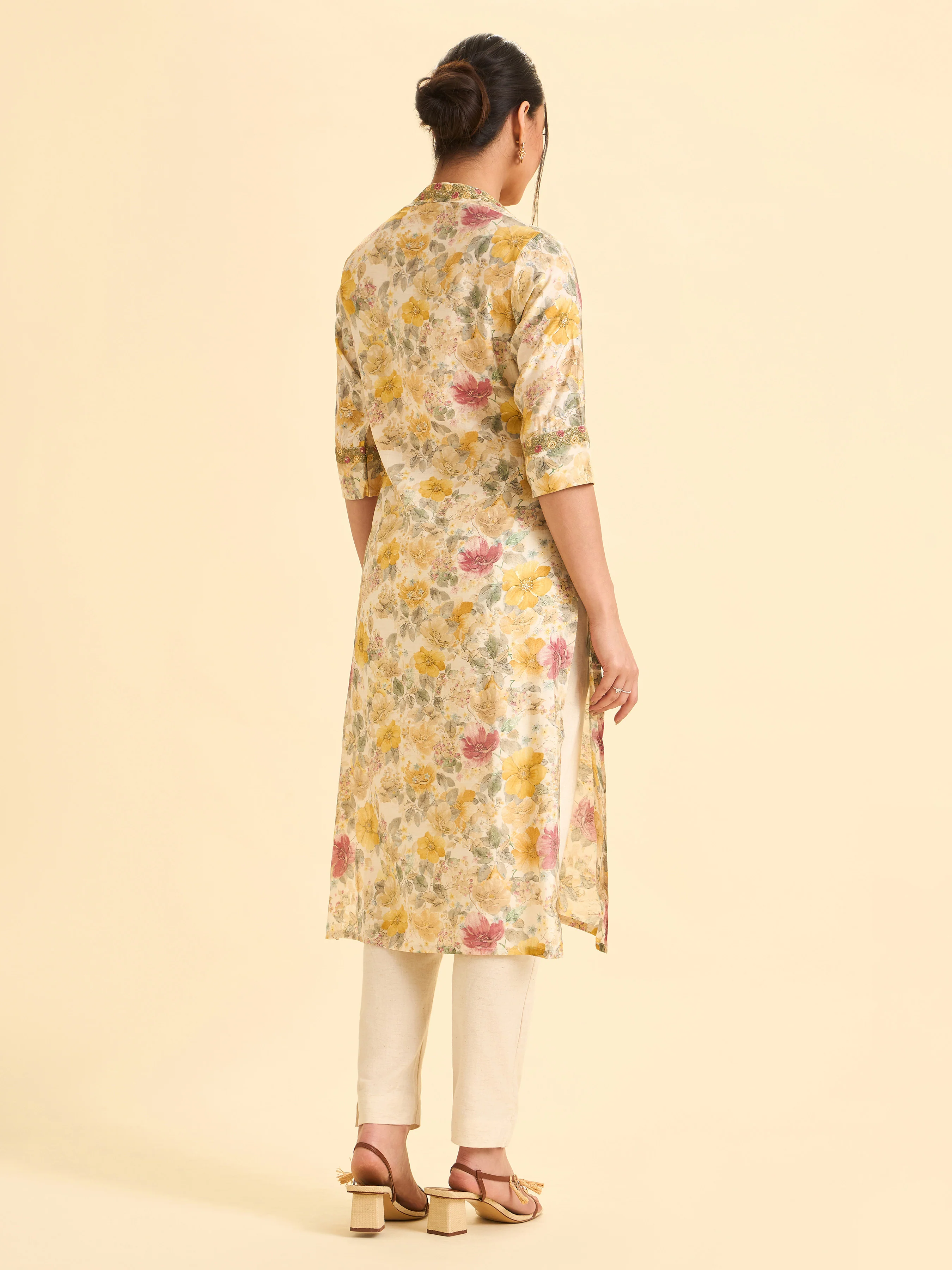 Ivory Modal Chanderi Printed Princess Cut Slitted Kurti With Embroidery - Image 6