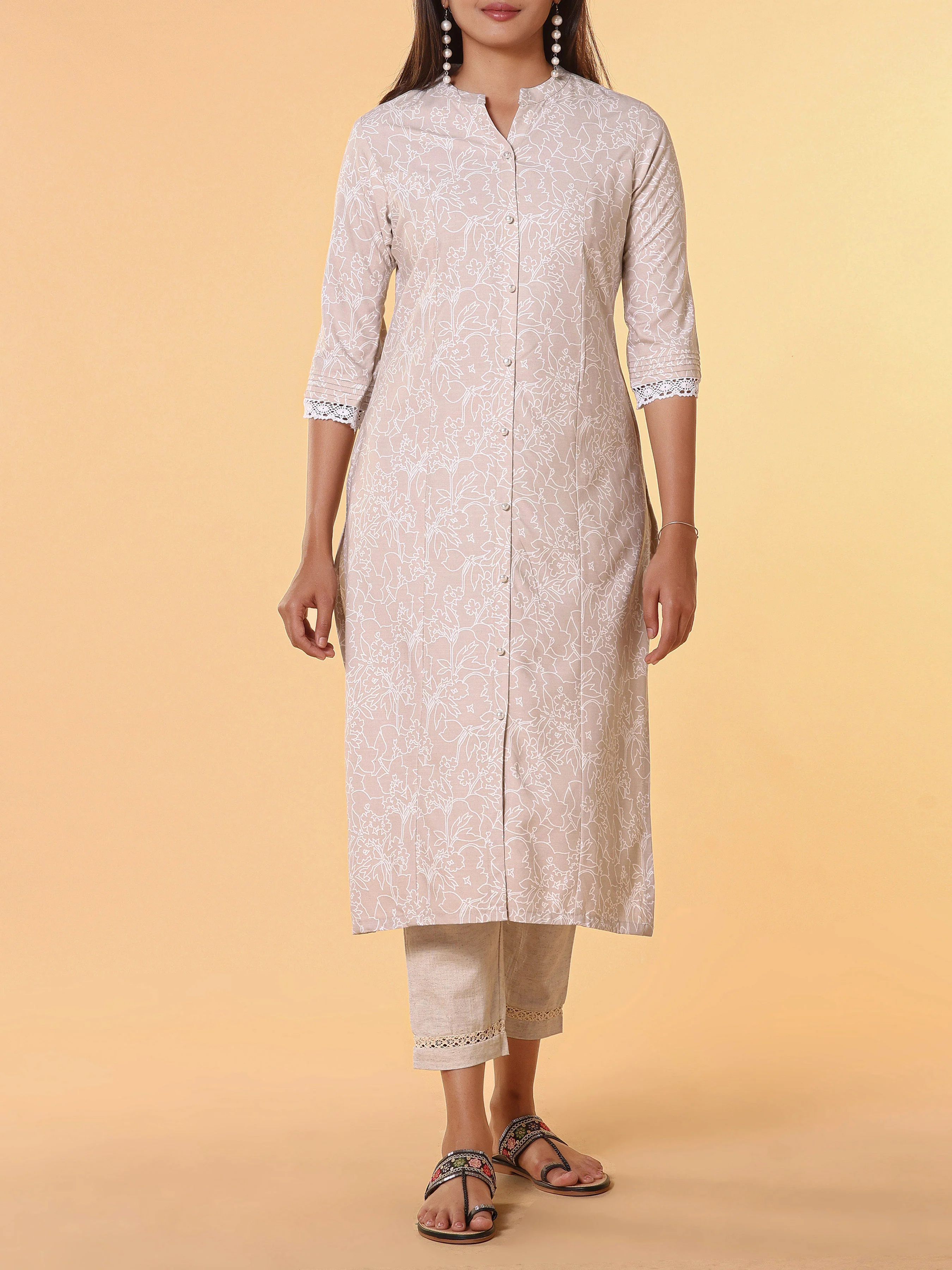 Ivory Modal Slub Printed Kurti With Button Placket
