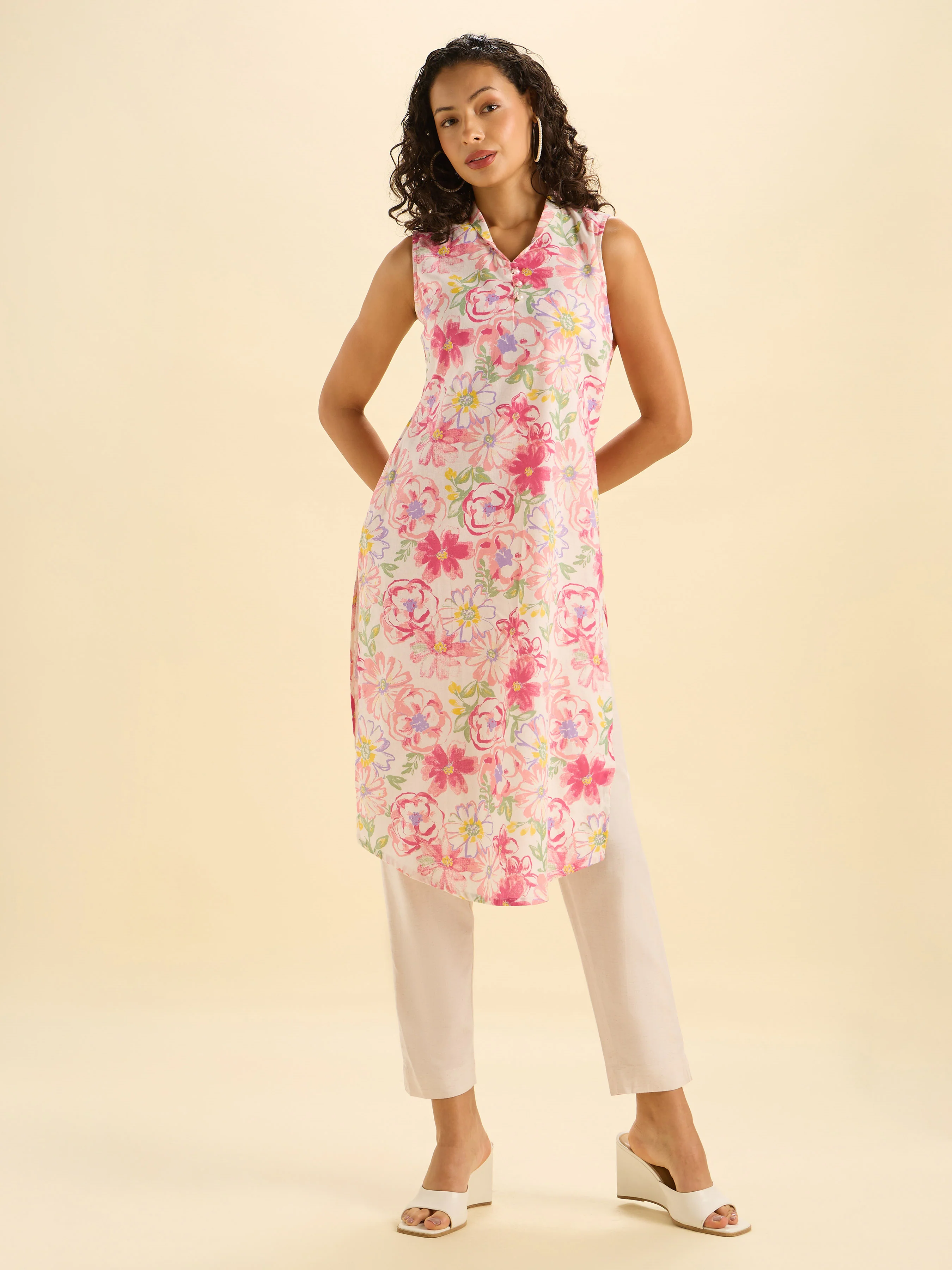 Ivory Multicolour Cotton Flax Printed Slitted Kurti With Liberty Cut