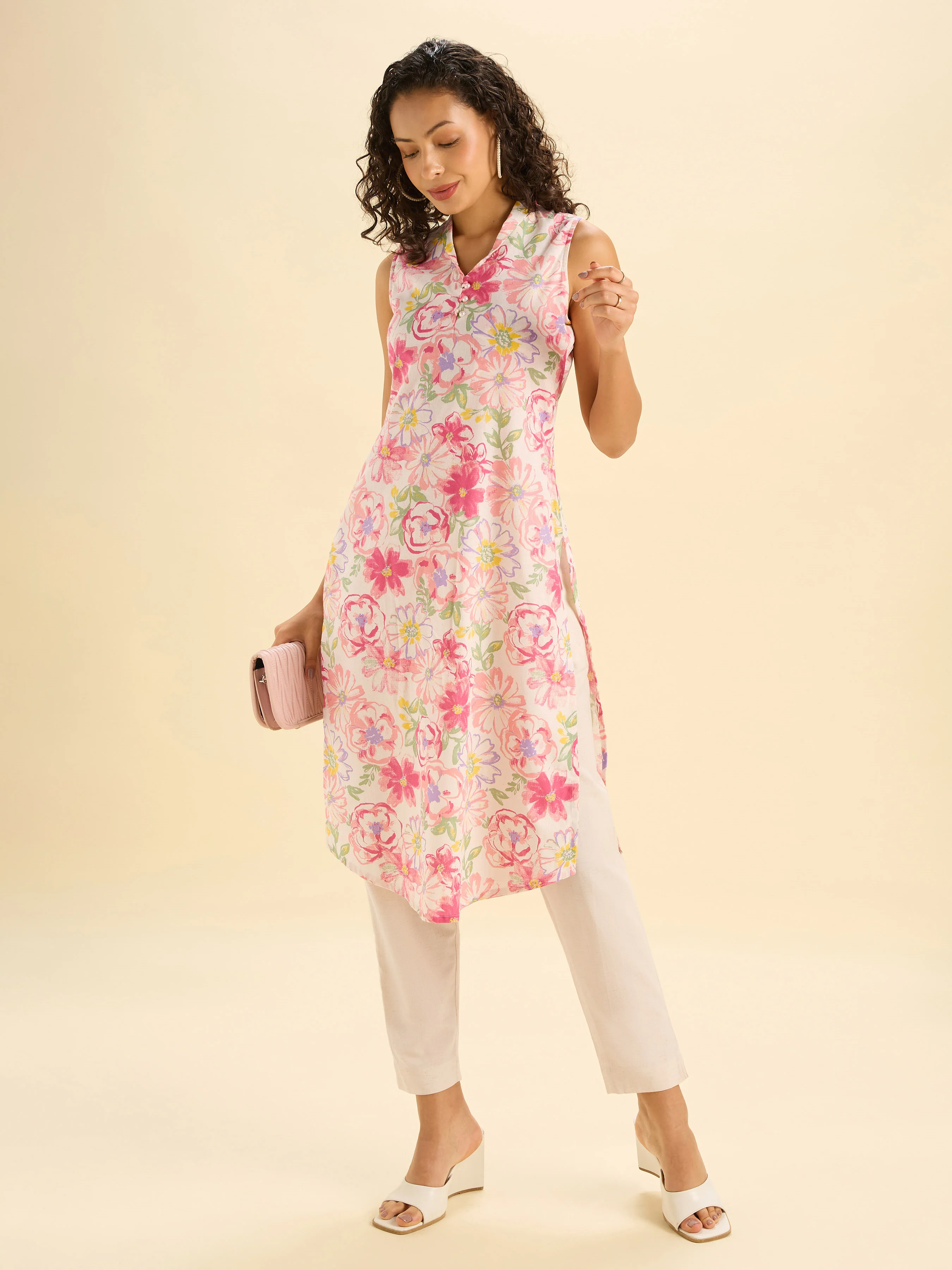 Ivory Multicolour Cotton Flax Printed Slitted Kurti With Liberty Cut - Image 3