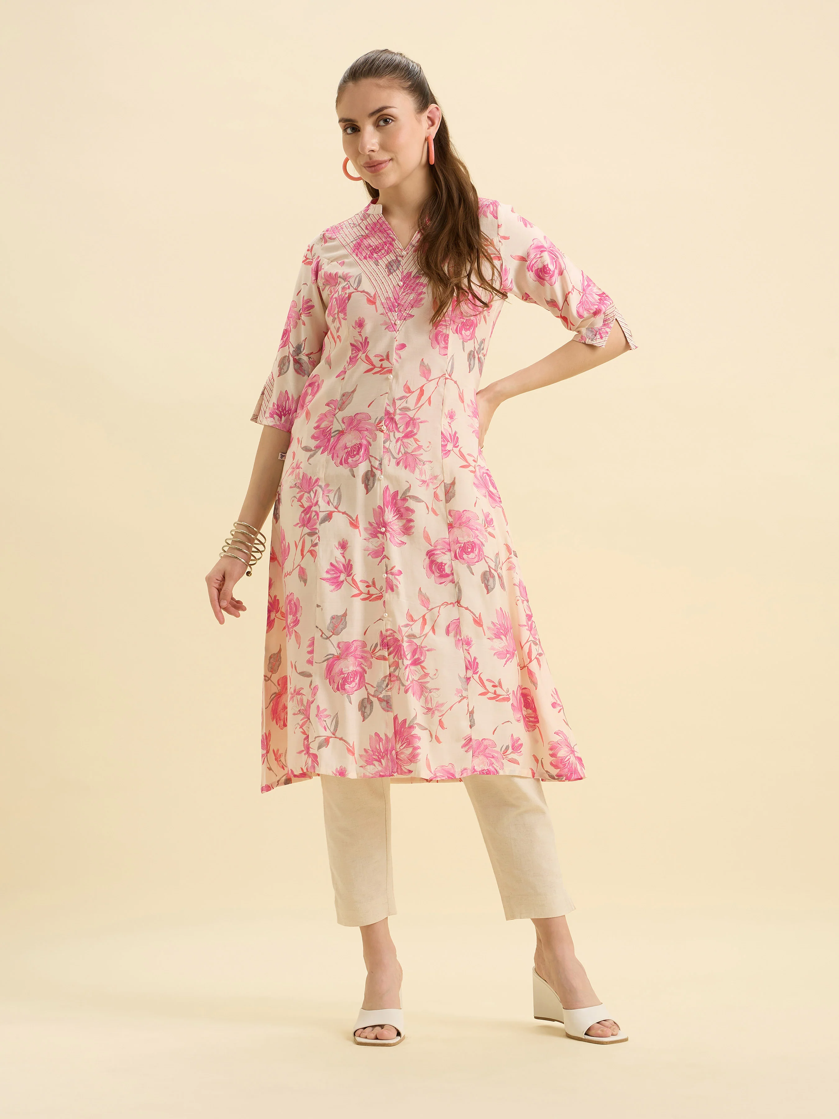 Ivory Pink Modal Chanderi Printed Flared Kurti With Sequence Embroidery - Image 4