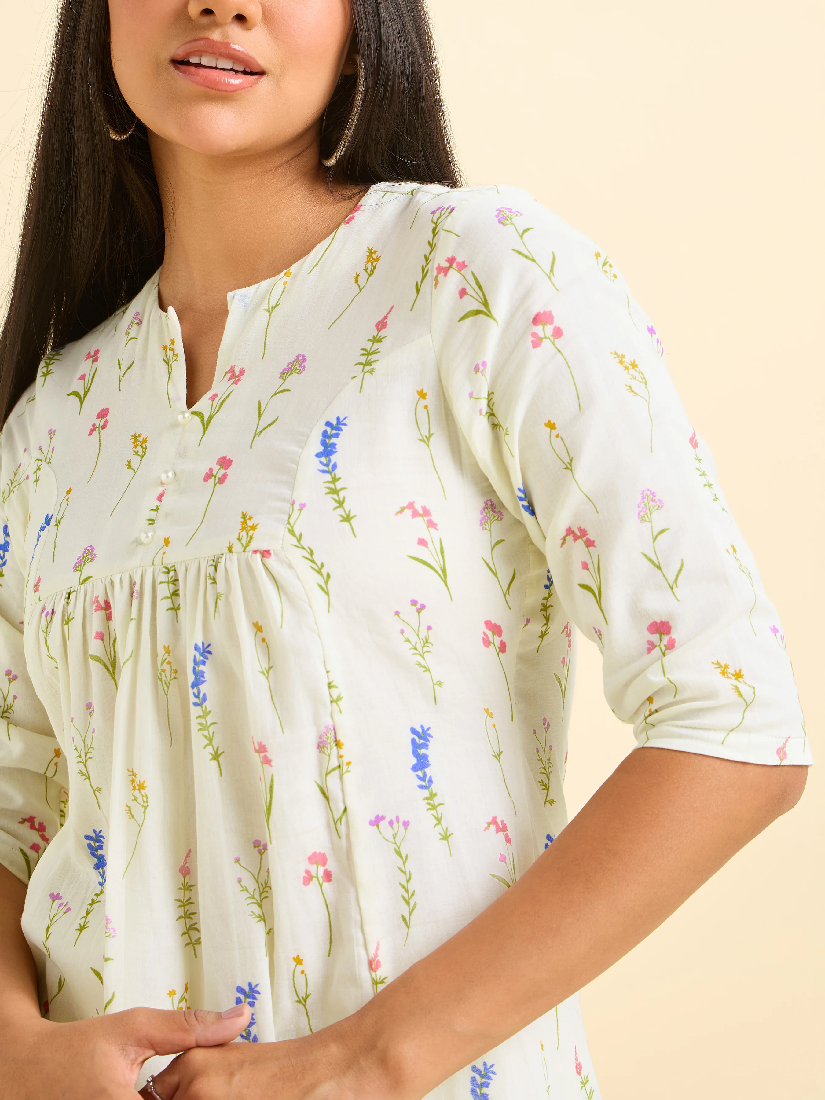 Ivory Pure Cotton Printed Flared Kurti. - Image 2