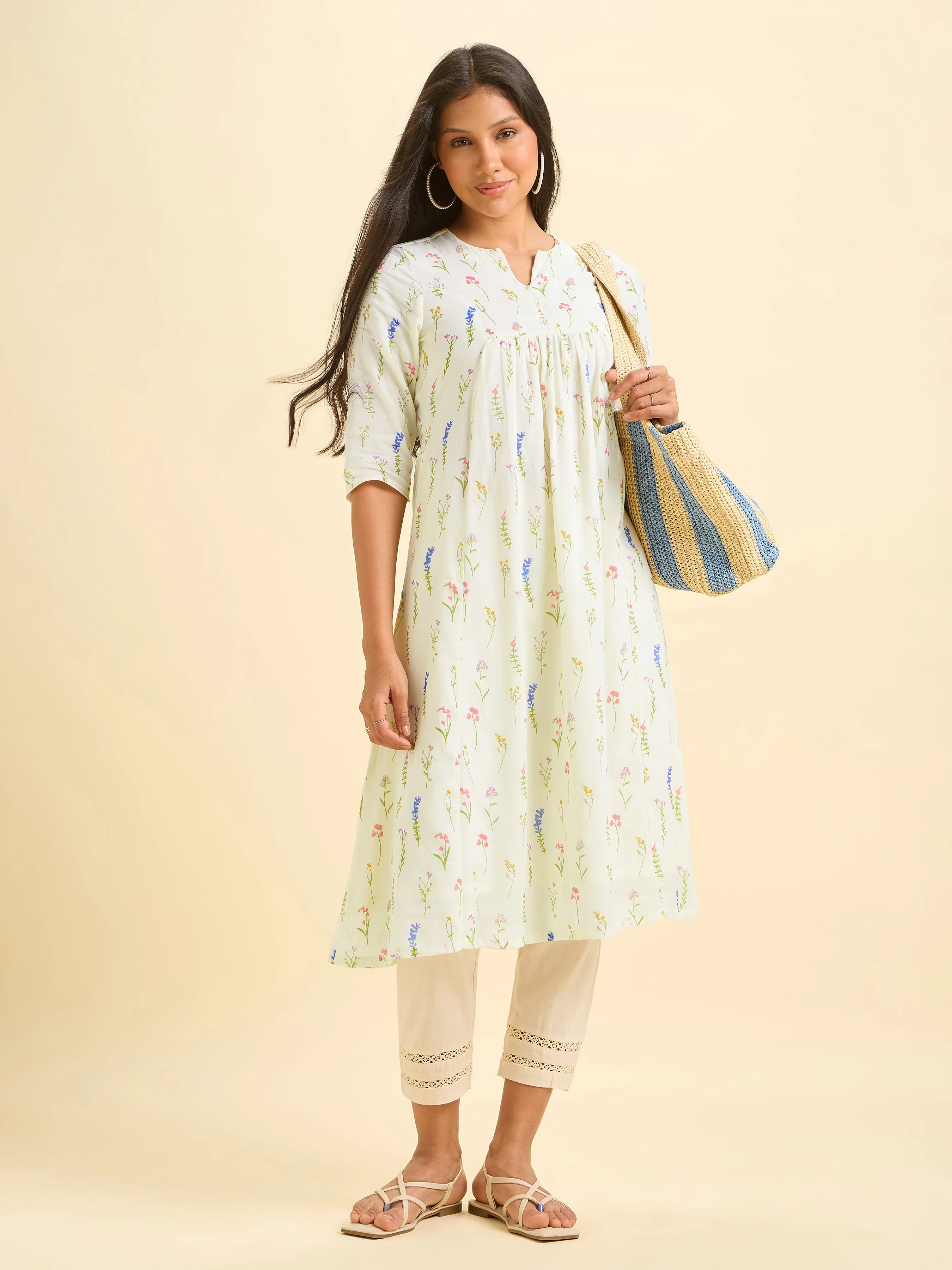 Ivory Pure Cotton Printed Flared Kurti. - Image 3