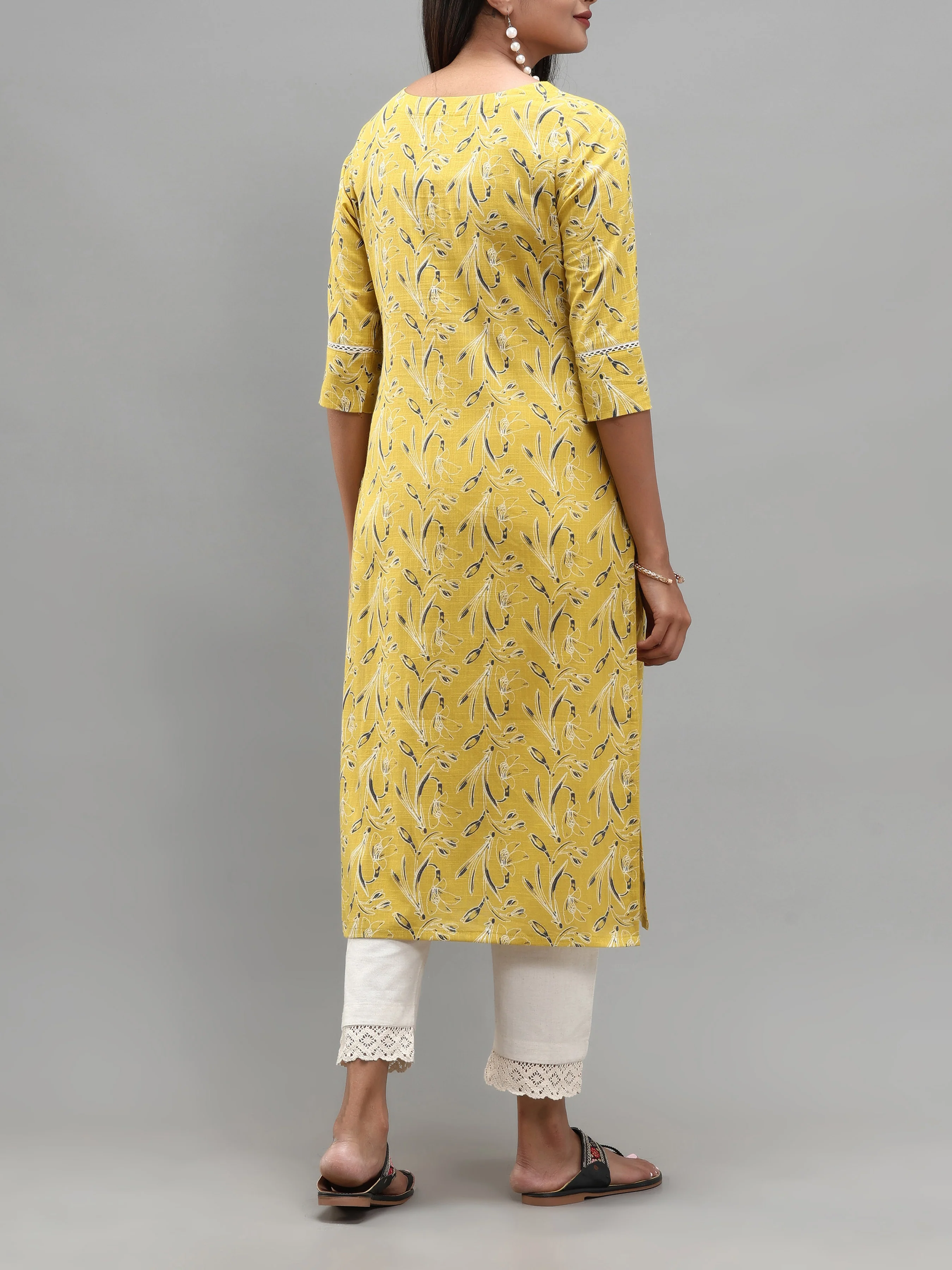 Lemon Yellow Cotton Slub Printed Kurti With Lace Detailing - Image 6