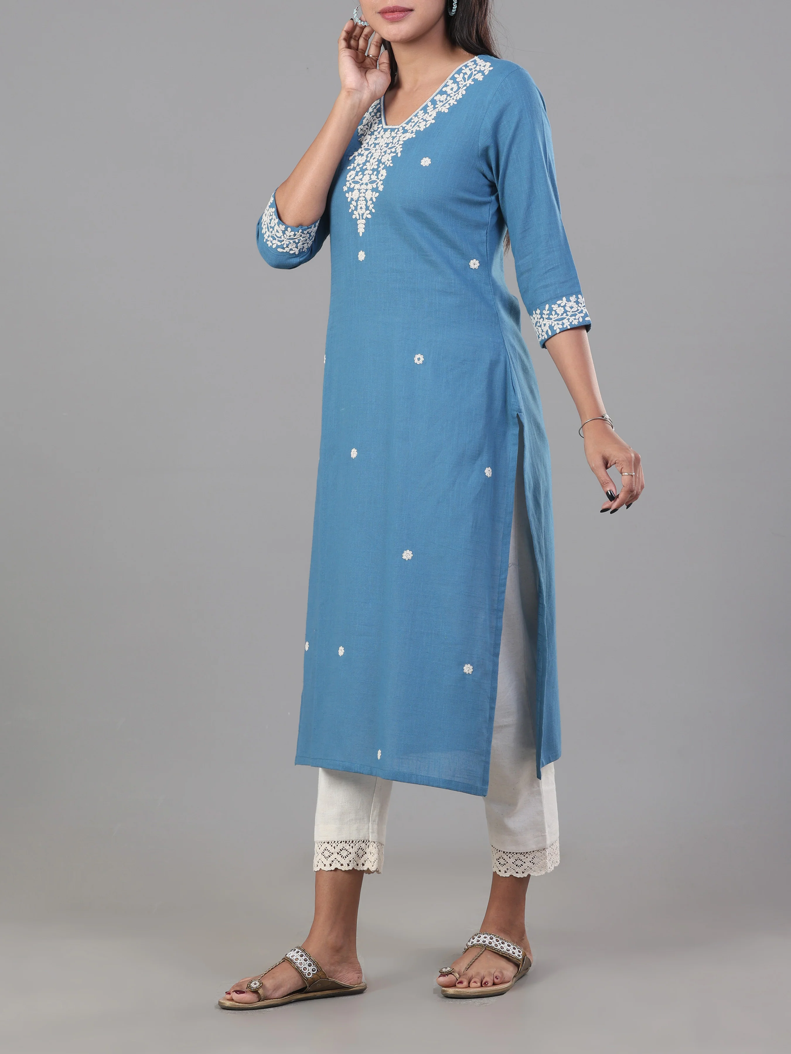Light Blue Cotton Slub Kurti With Embroidery - Image 3
