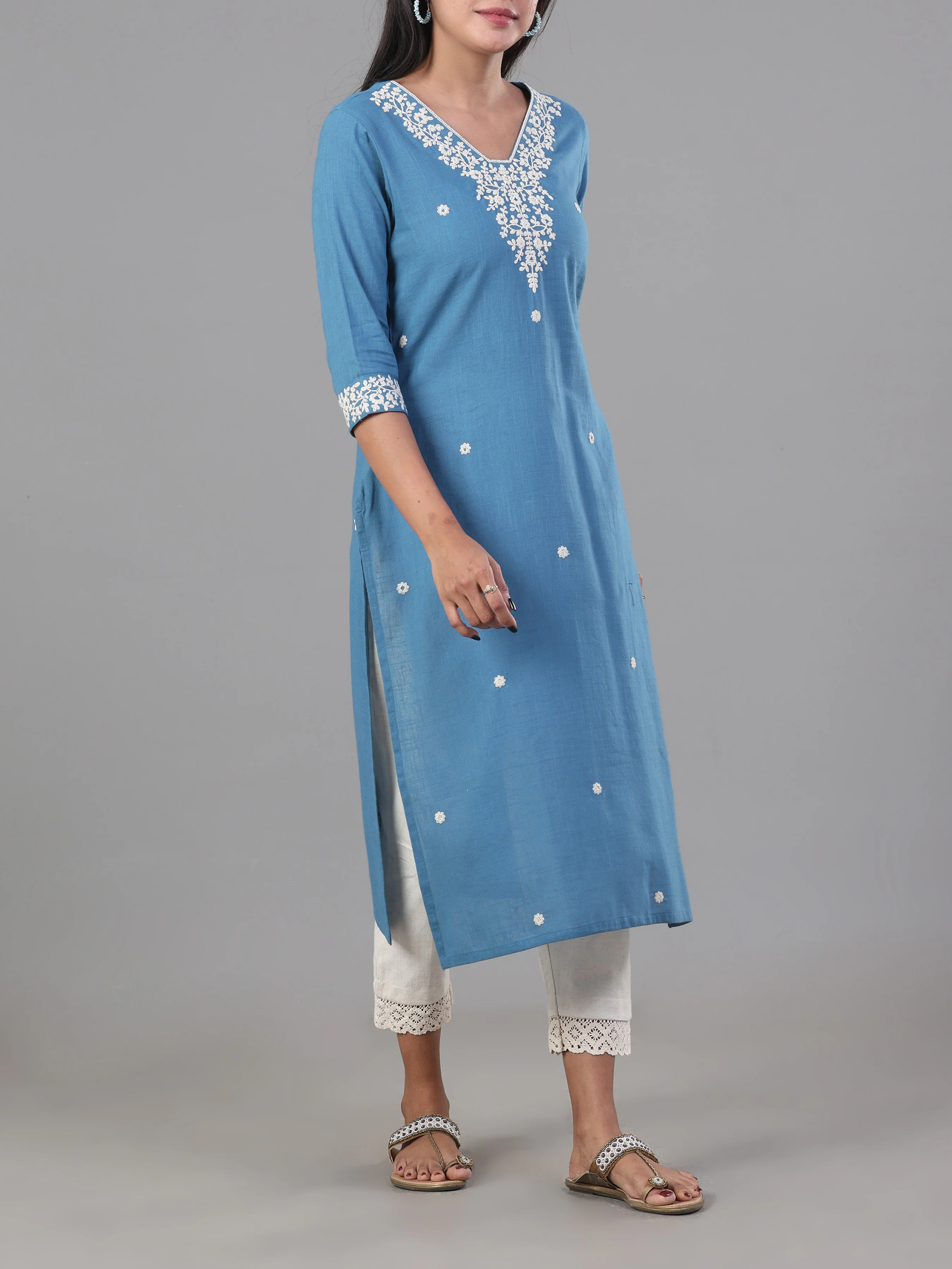Light Blue Cotton Slub Kurti With Embroidery - Image 4