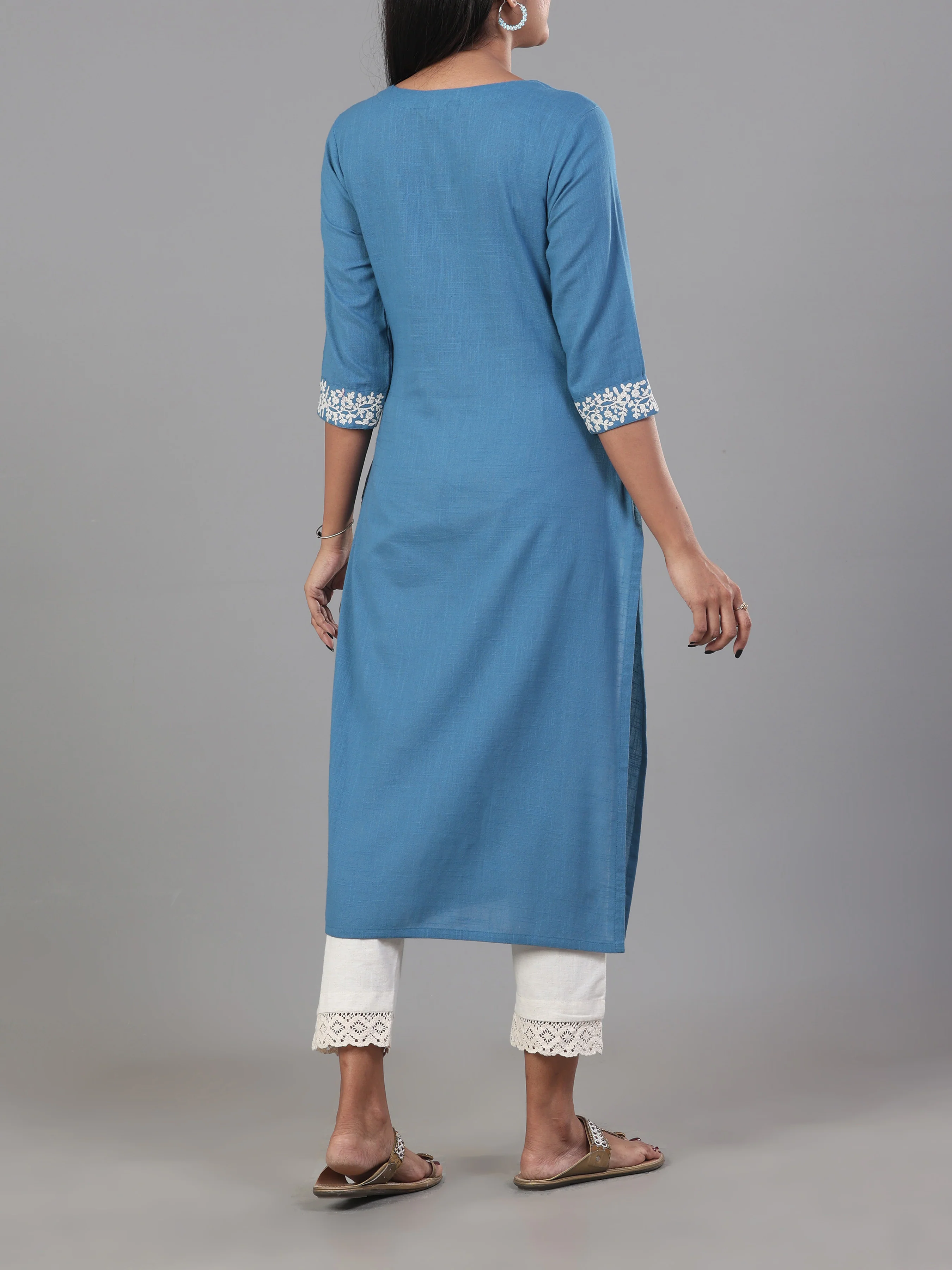 Light Blue Cotton Slub Kurti With Embroidery - Image 5