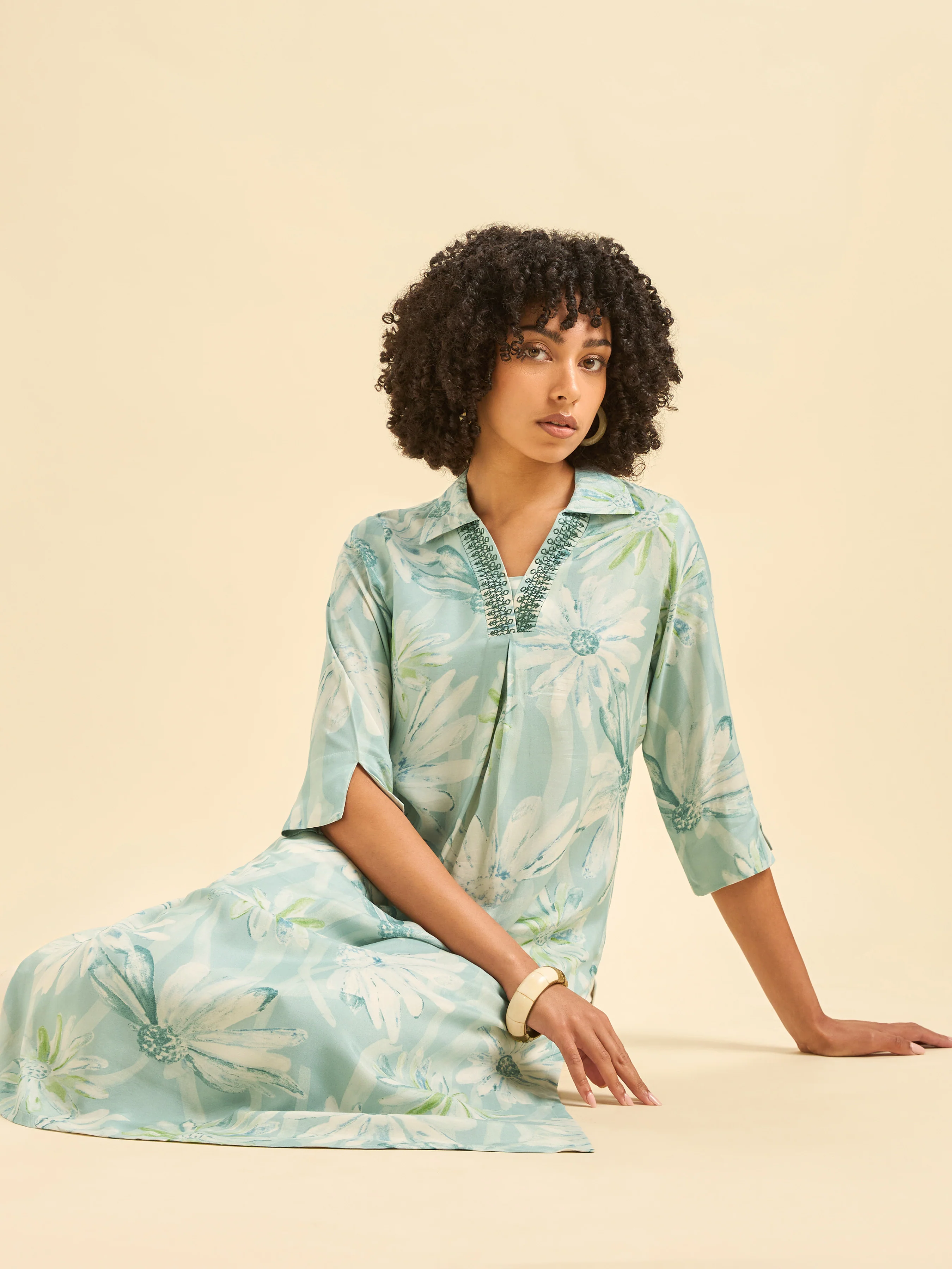 Light Blue Muslin Printed Kurti With Embroidery - Image 4