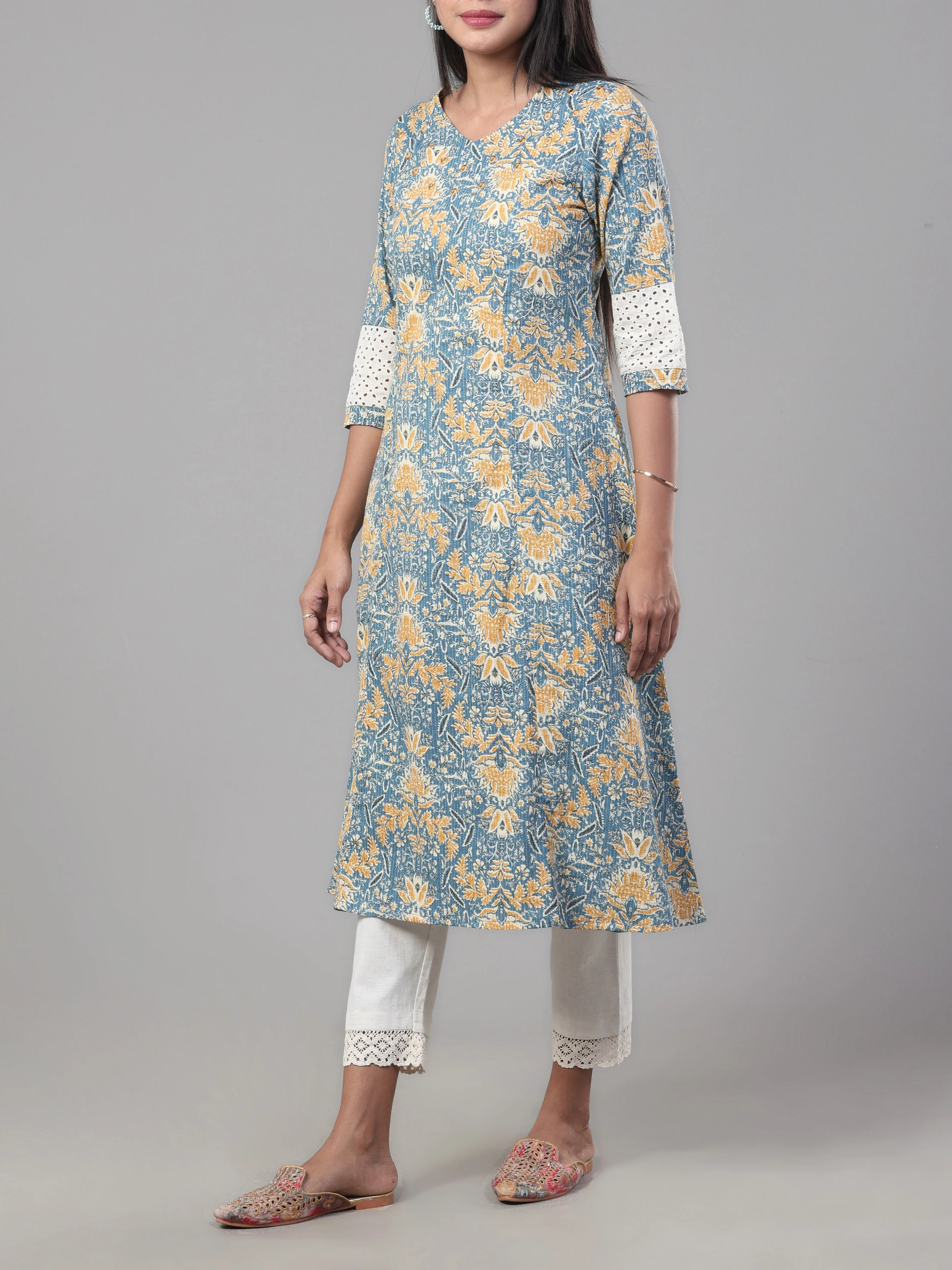 Light Blue Pure Cotton Printed Kurti With Mirror Work - Image 3