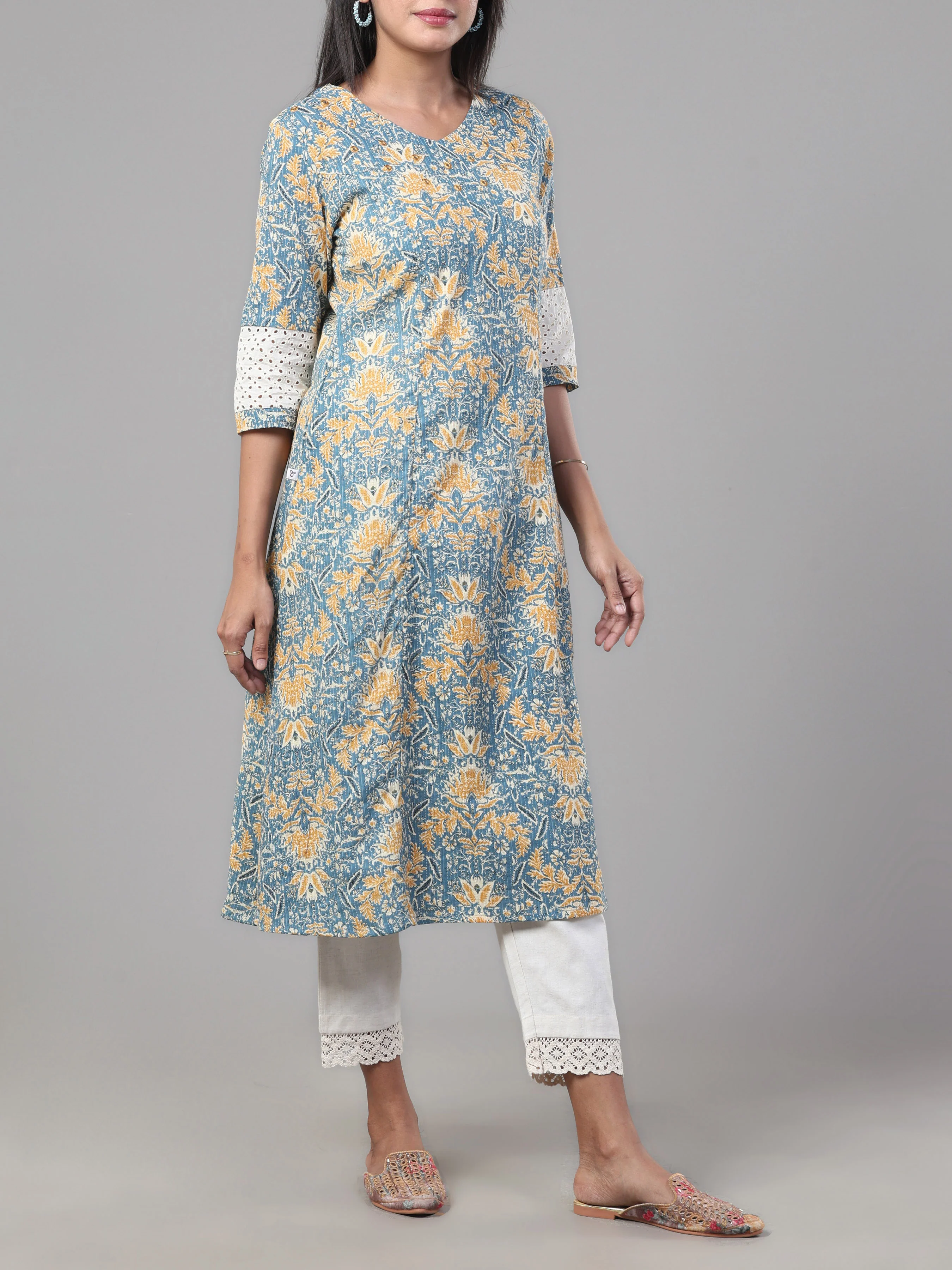 Light Blue Pure Cotton Printed Kurti With Mirror Work - Image 4