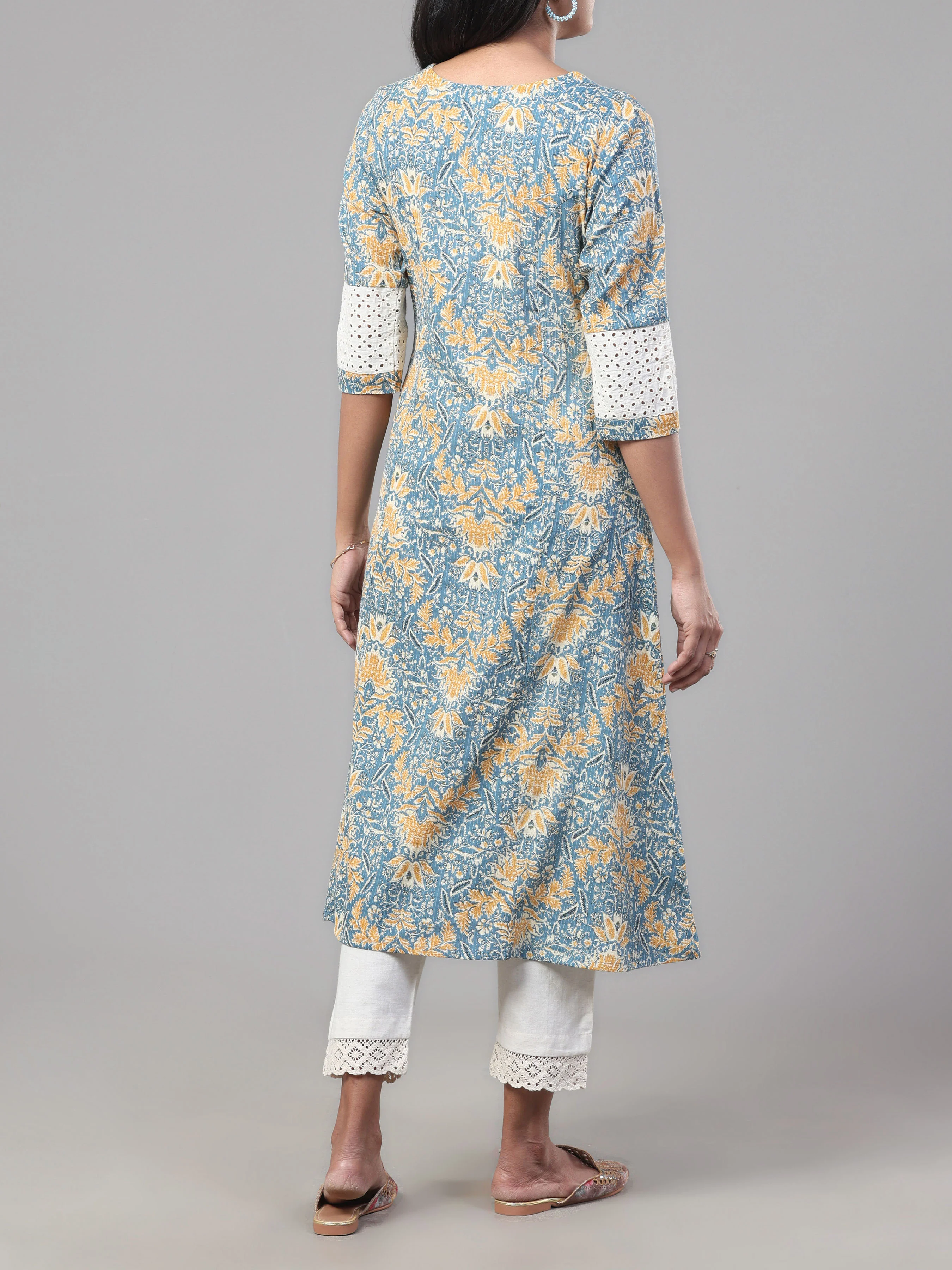 Light Blue Pure Cotton Printed Kurti With Mirror Work - Image 5