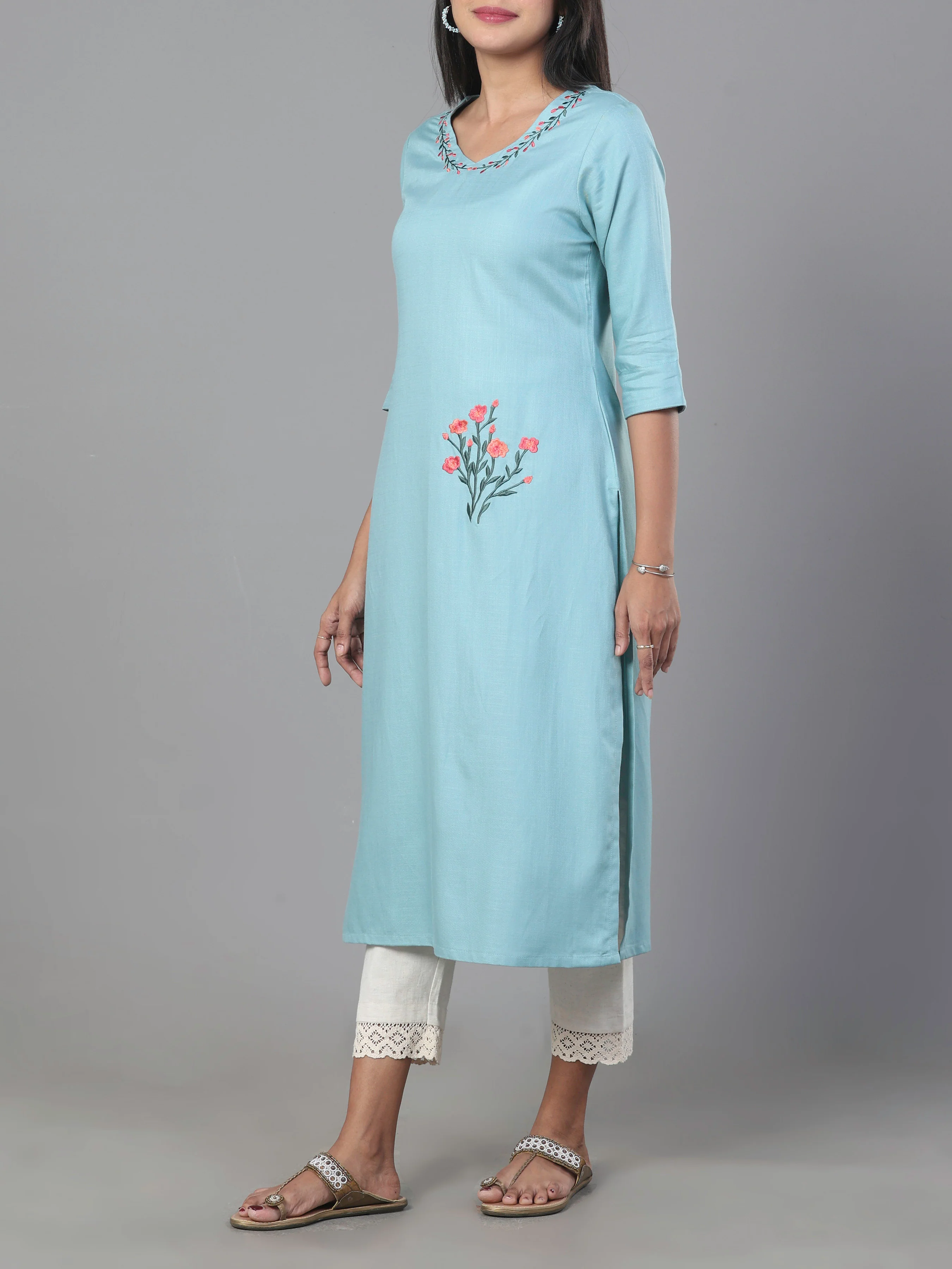 Light Blue Viscose Twill Plain Kurti With Embroidery - Image 3