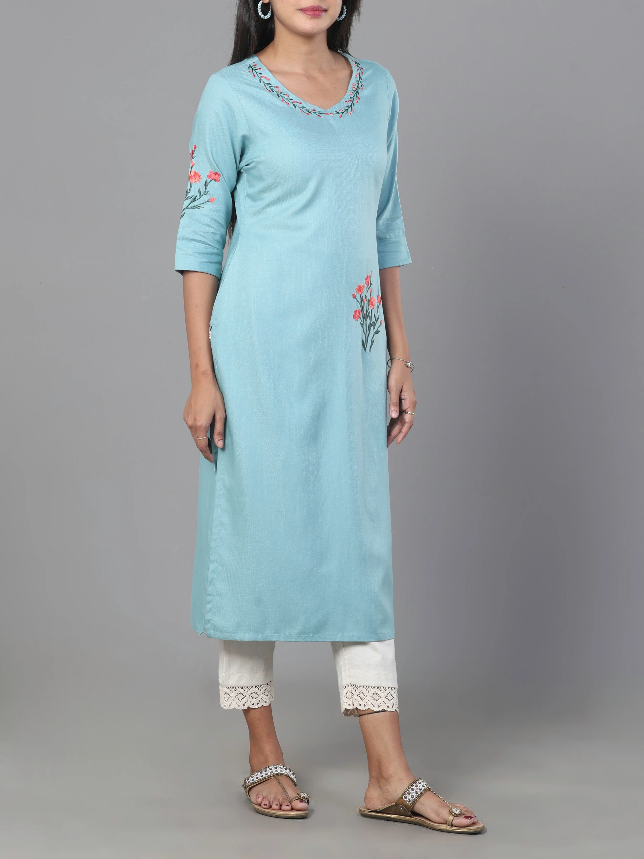 Light Blue Viscose Twill Plain Kurti With Embroidery - Image 4