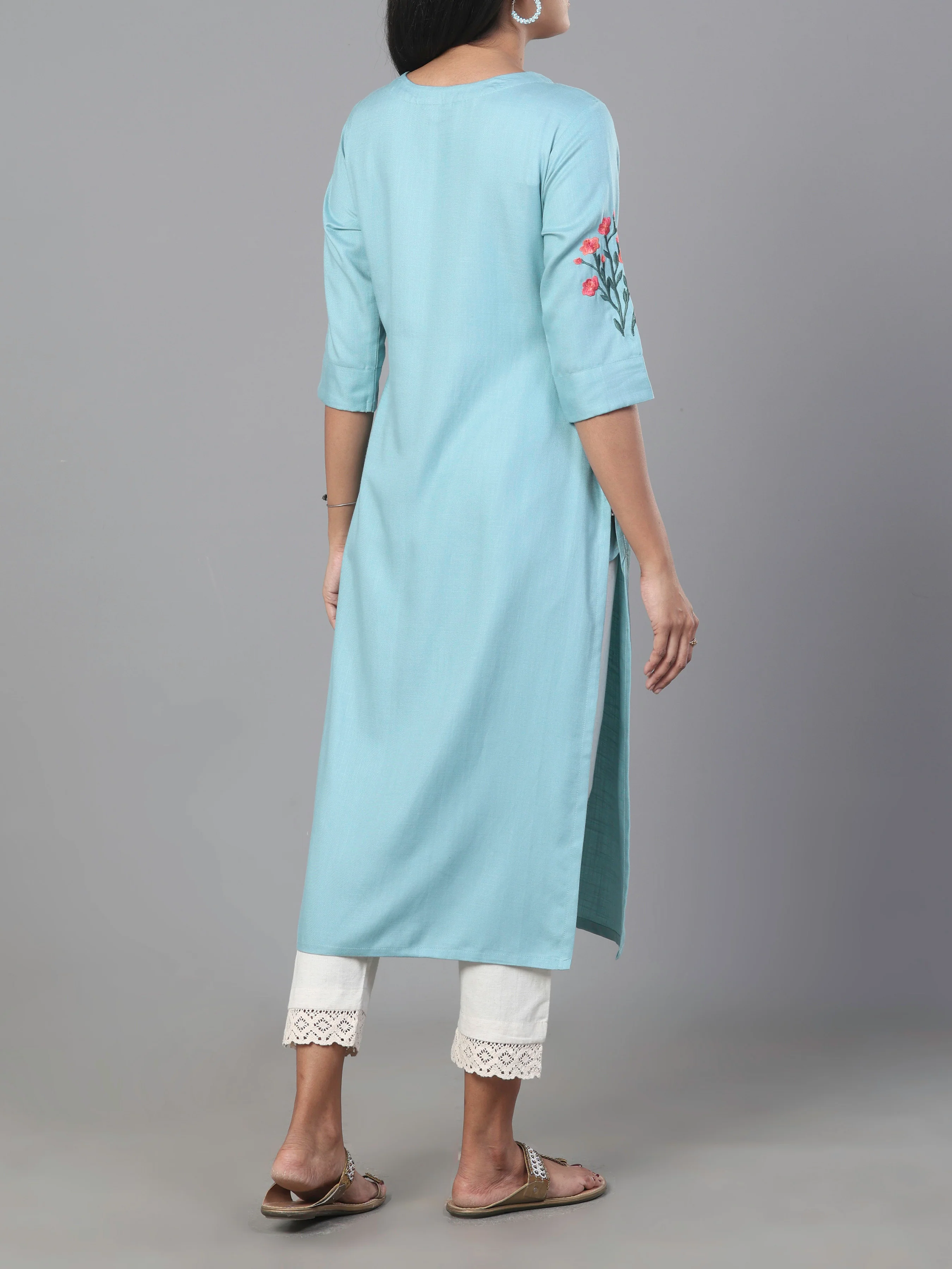 Light Blue Viscose Twill Plain Kurti With Embroidery - Image 5