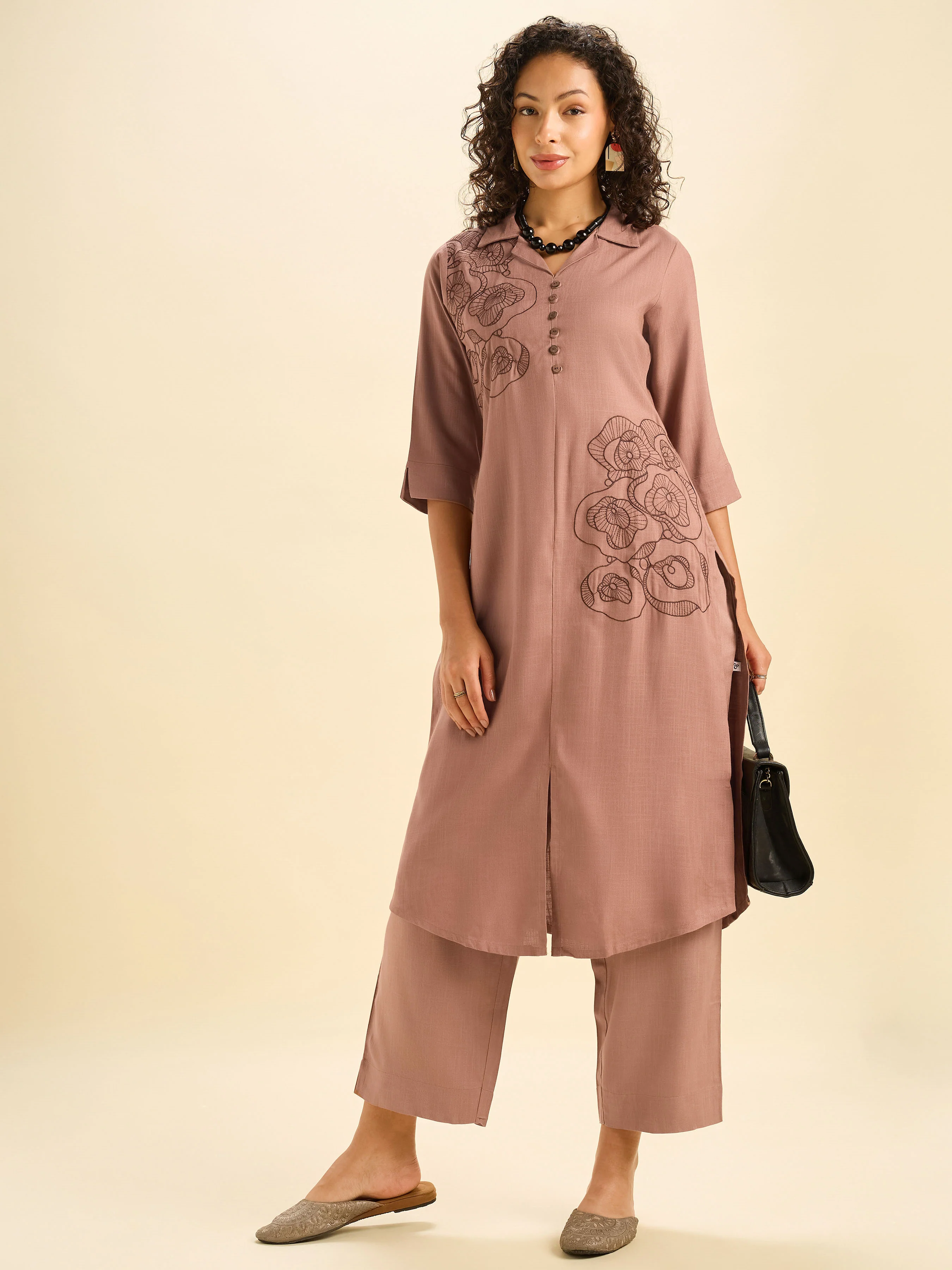 Light Brown Viscose Plain Slitted Kurti With Embroidery - Image 4