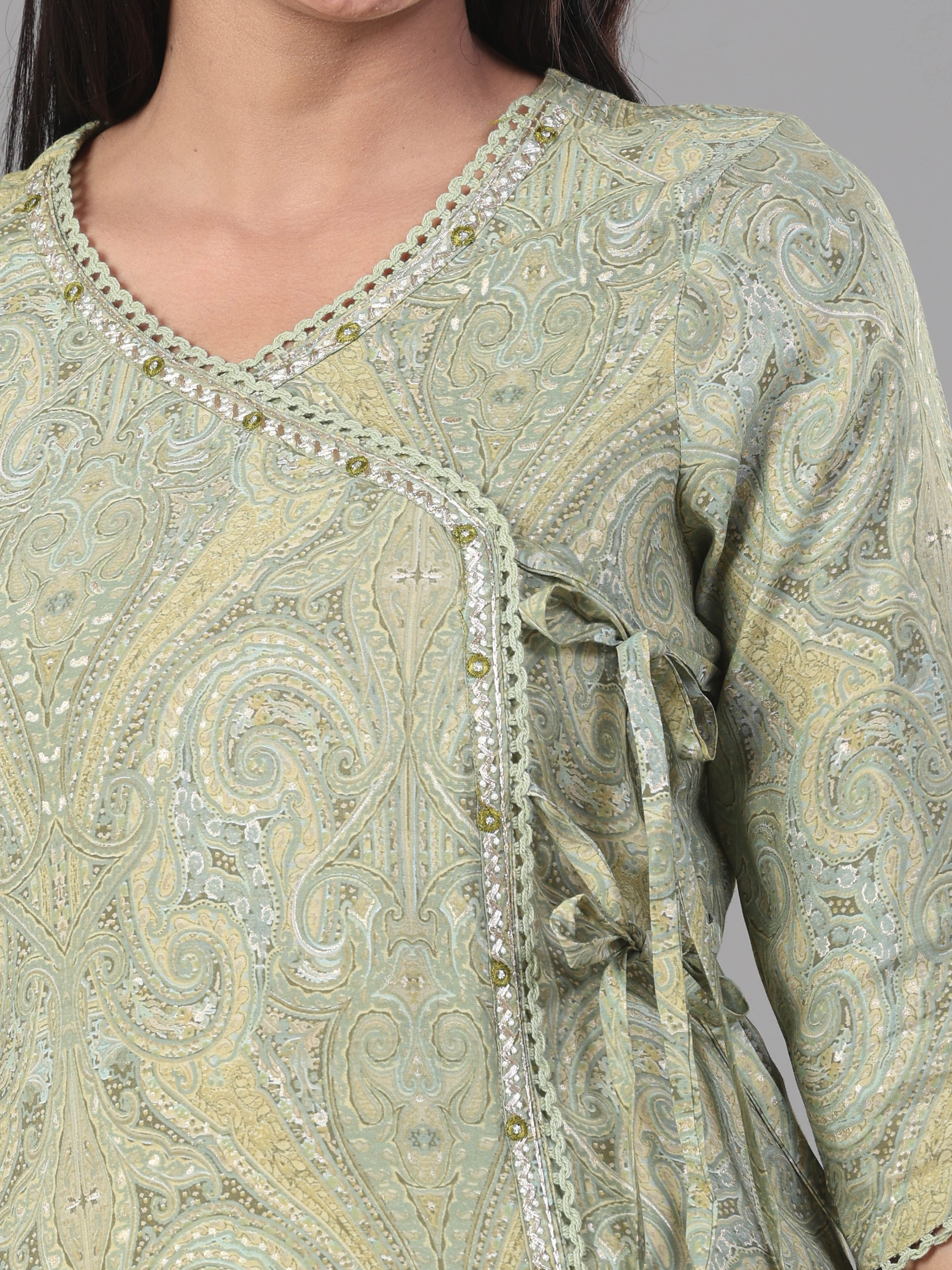 Light Green Modal Chanderi Printed Kurti With Lace Detailing - Image 2